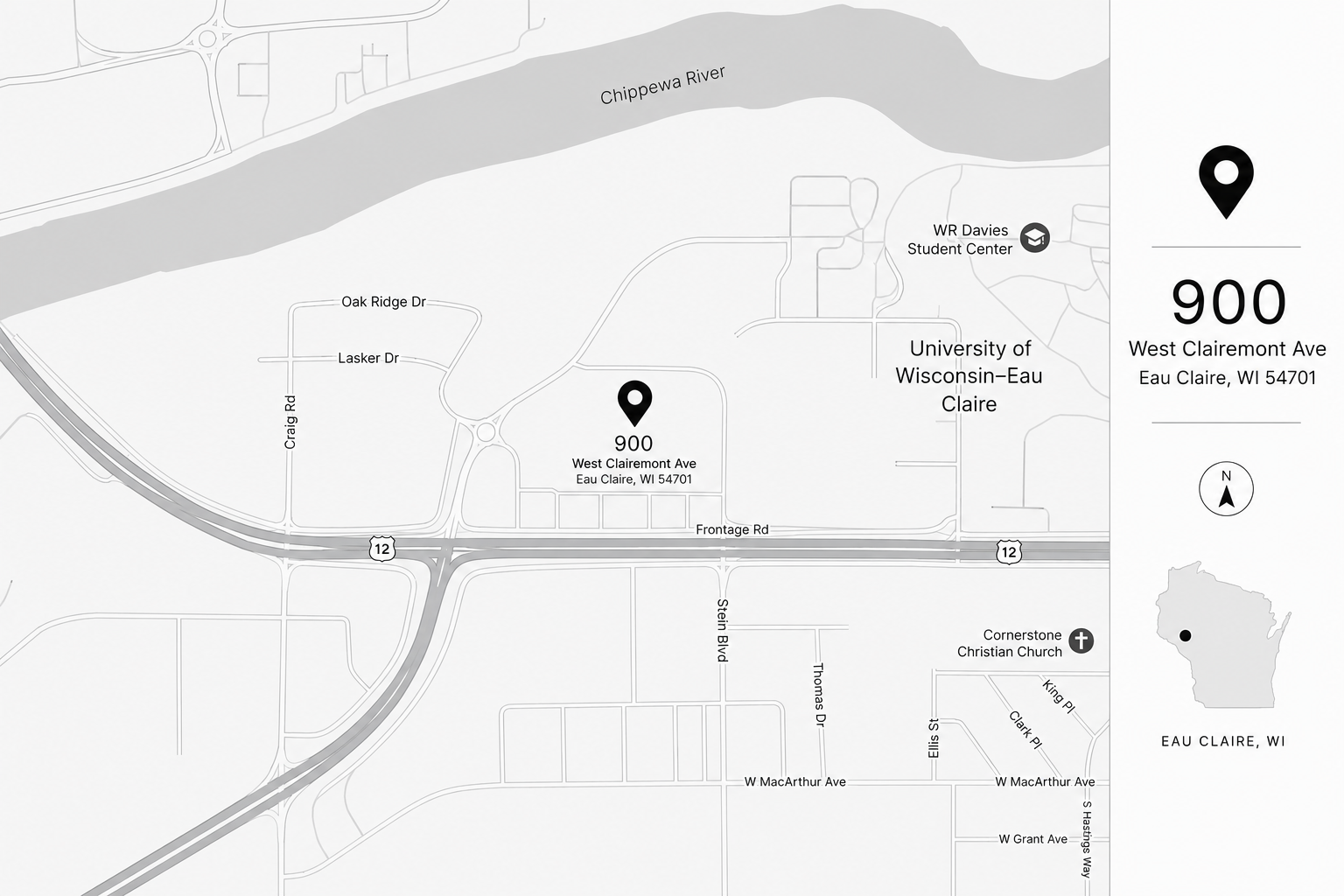 Map of Eau Claire, Wisconsin highlighting 900 West Clairemont Ave near the University of Wisconsin-Eau Claire campus, with nearby roads, the Chippewa River, and landmarks such as Christ Church.