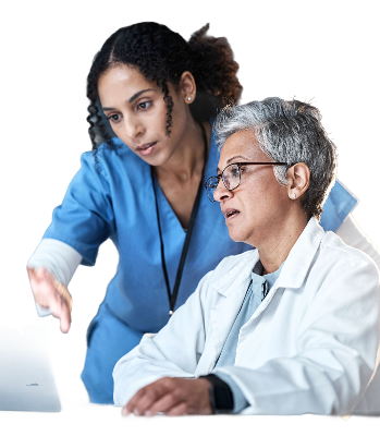 A healthcare professional and a senior patient looking at a tablet together.
