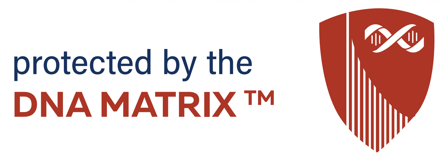 Text stating "protected by the DNA MATRIX™" next to a red shield with a white DNA helix design.