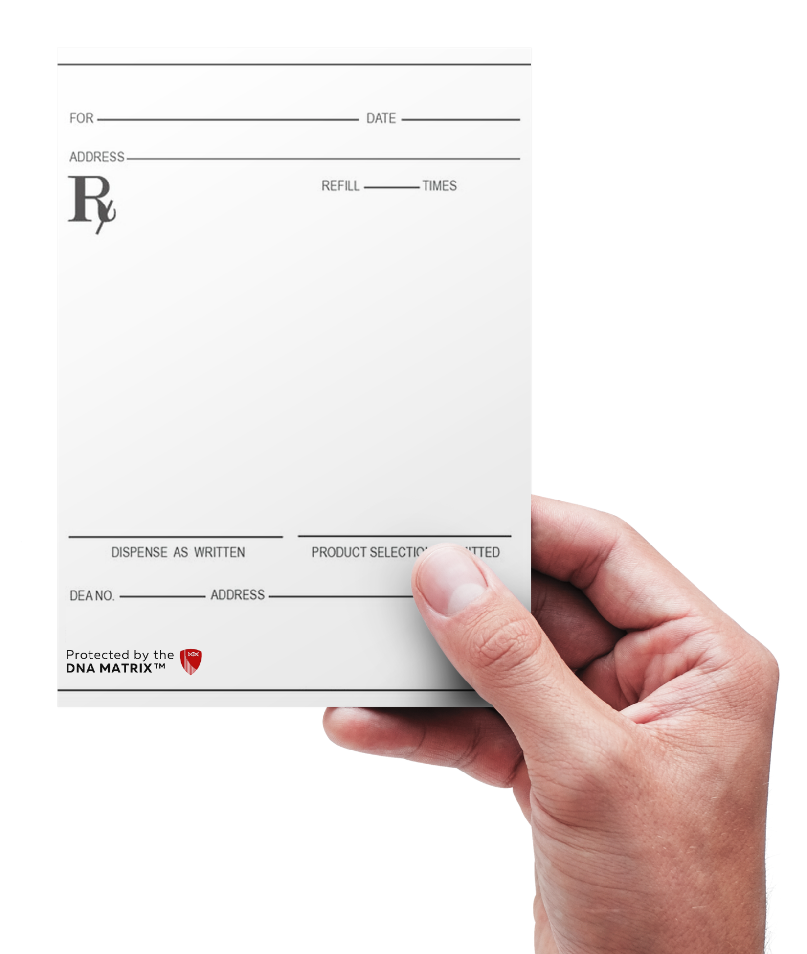 Close-up of a person's hand holding a prescription medication label, which has an 'Rx' symbol and the logo of the DNA Matrix.