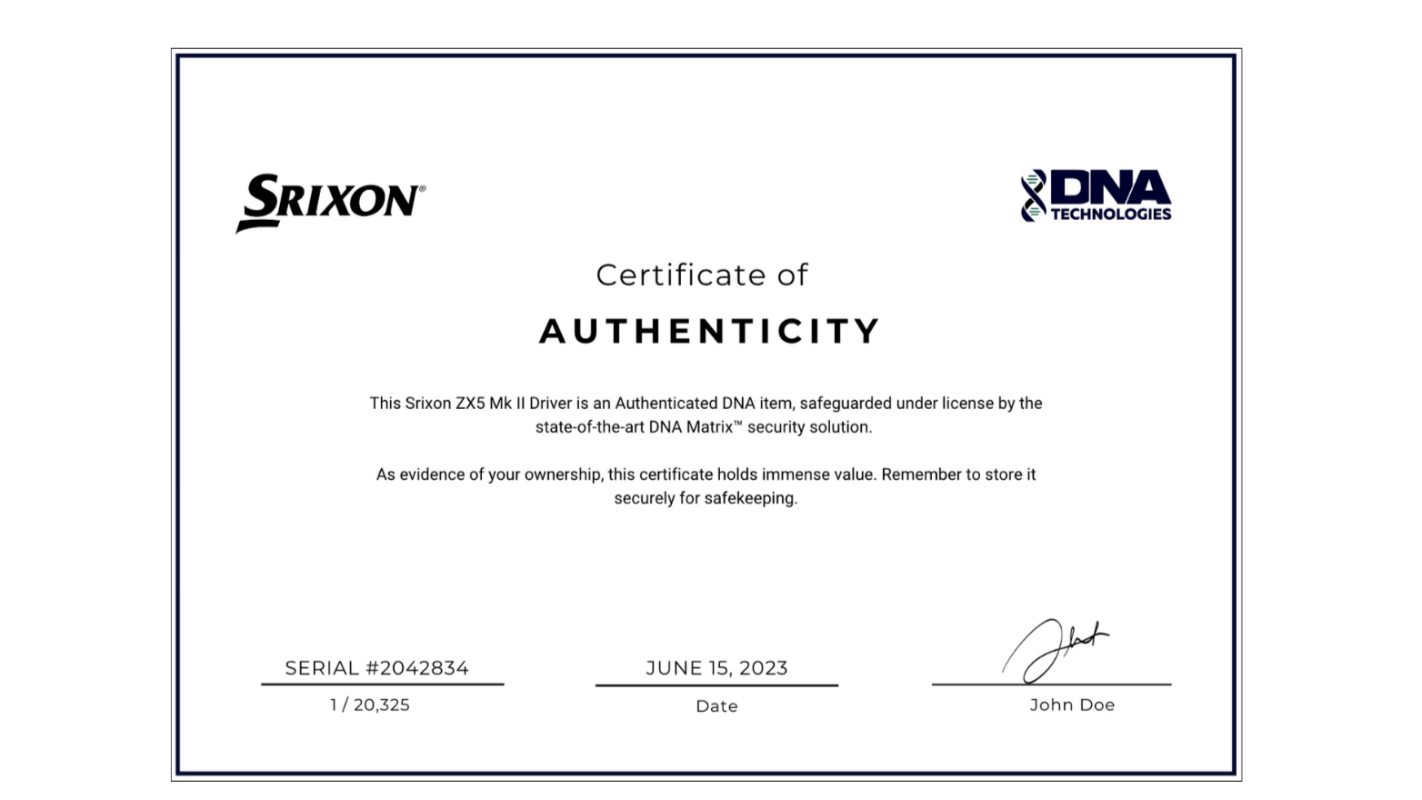 Certificate of authenticity for a Srixon ZX5 Mk II Driver, issued on June 15, 2023, with serial number 2042834, signed by John Doe.