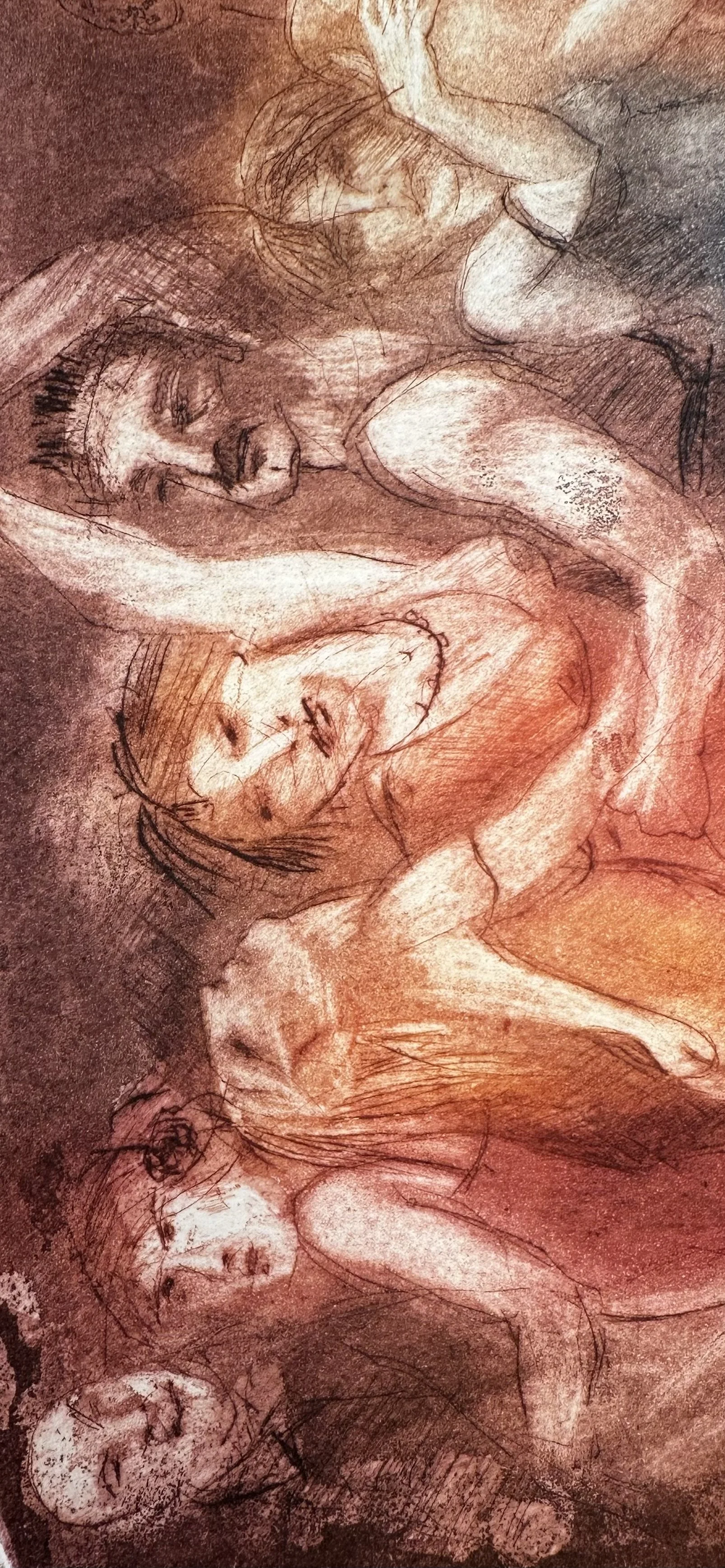 Drawing of four women, with their eyes closed, in various poses, created with a sketchy, artistic style using warm tones.
