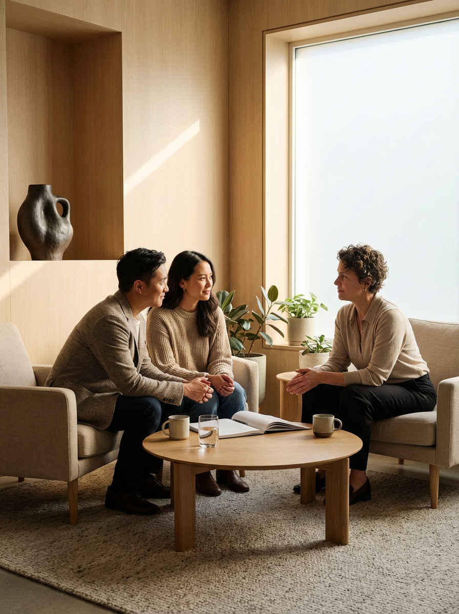 Three people having a conversation in a cozy, well-lit room with wooden walls, a large window, potted plants, and a round wooden table with mugs and an open book. Symbolizing collaborative nature of Journey confluence therapy & supervision.