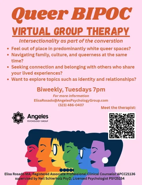 Flyer for Queer BIPOC virtual group therapy, held biweekly on Tuesdays at 7pm. Features participation questions, therapist contact info, and a QR code. Includes colorful illustration of diverse women and the logo of Angeles Psychology Group.