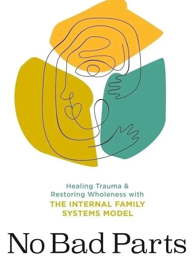 Book cover titled "No Bad Parts" with a minimalist line drawing of a face integrated into colored abstract shapes, promoting healing trauma and restoring wholeness through the Internal Family Systems Model.