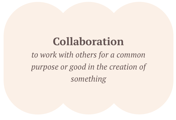 Definition of collaboration as working with others for a common purpose or creating something together, displayed on a light-colored background with cloud shapes. A value of Laura Todd, LPCC and Journey Confluence.