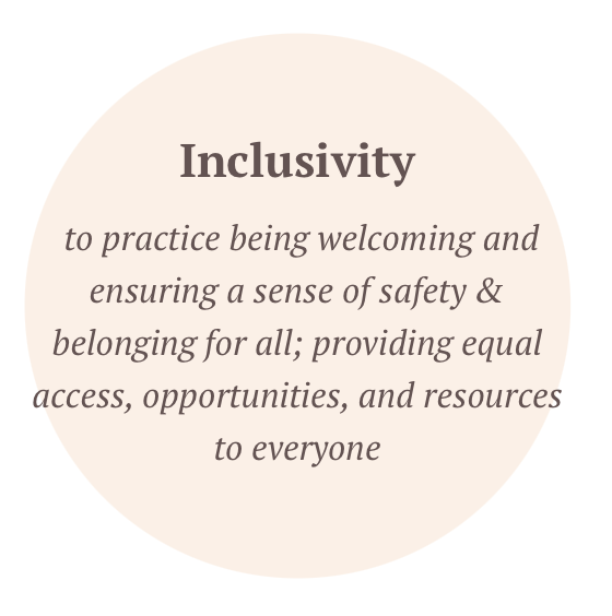 Definition of inclusivity: practicing being welcoming and ensuring a sense of safety and belonging for all by providing equal access, opportunities, and resources to everyone. A value of Laura Todd, LPCC and Journey Confluence.