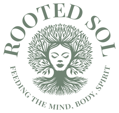 Logo of Rooted Soul with a face inside a tree and the slogan "Raising the Mind, Body, Spirit."