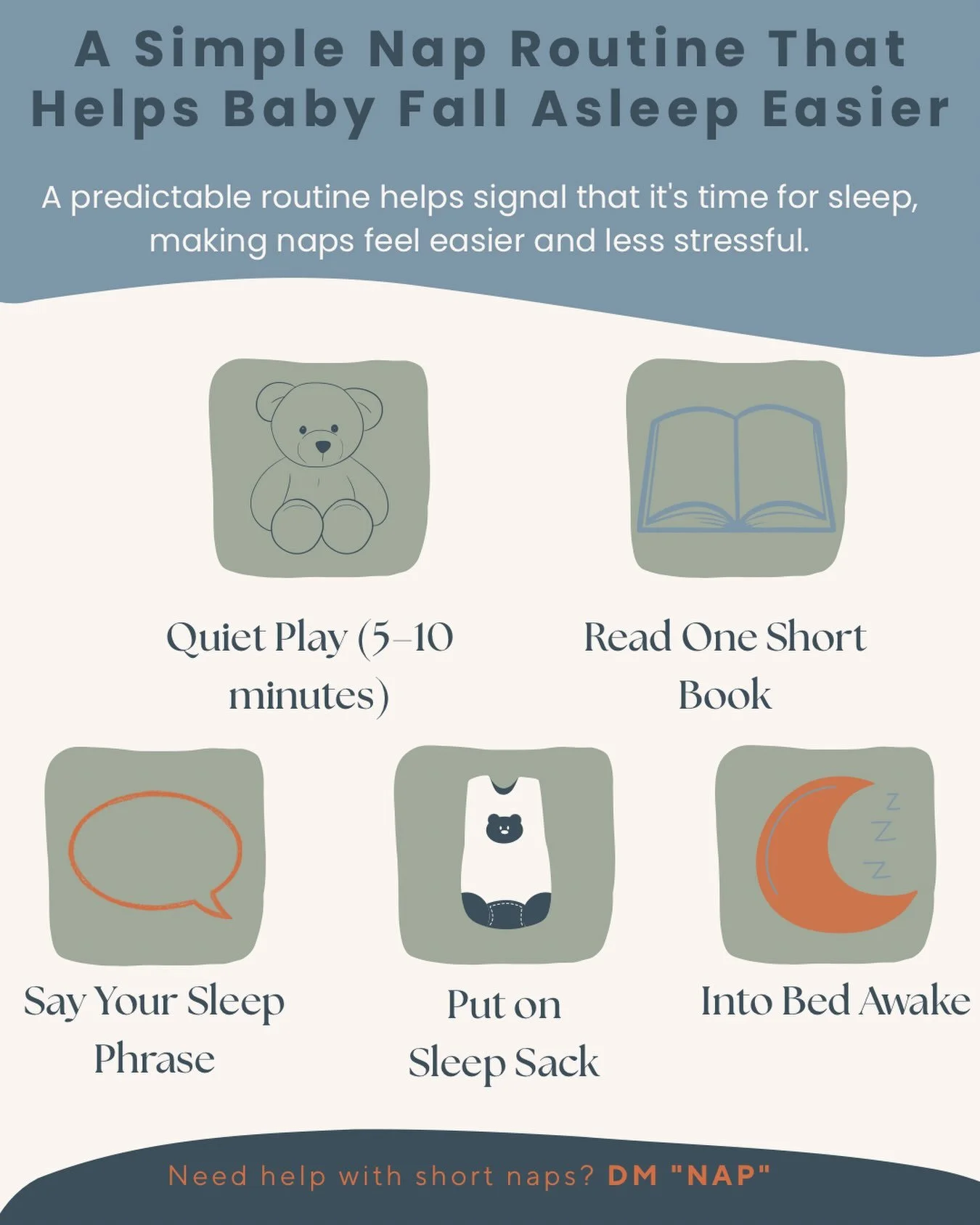 Does your baby fight every nap? 😴

A consistent pre-nap routine tells your baby&rsquo;s brain it&rsquo;s time to wind down.

Try keeping your routine the same before every nap:

🧸 Quiet play (5&ndash;10 minutes)
📚 Read one short book
💬 Say your s