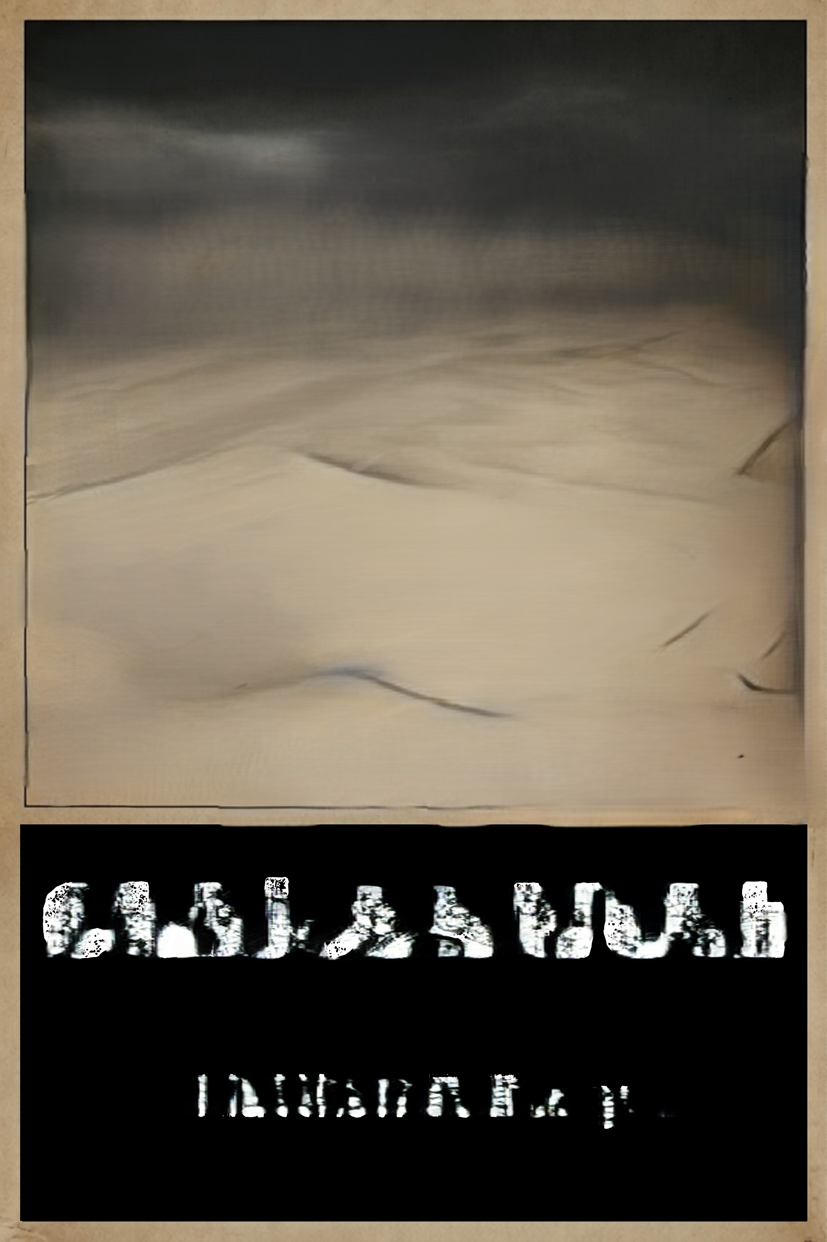 The image shows an endless, windy, empty desert.