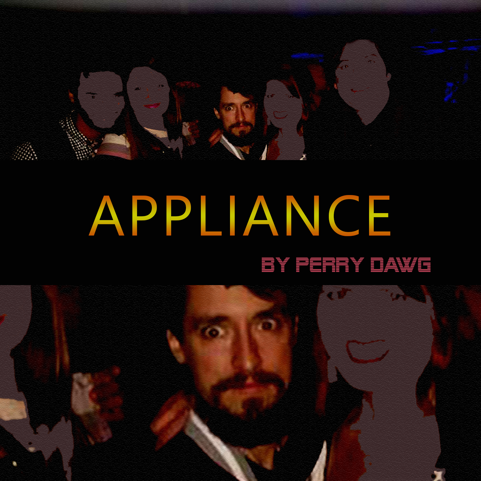 Group of five people, one in the center with dark hair, beard, and mustache, surrounded by four others, all dressed formally, in a dimly lit setting with a black background, with text that reads "APPLIANCE BY PERRY DAWG."