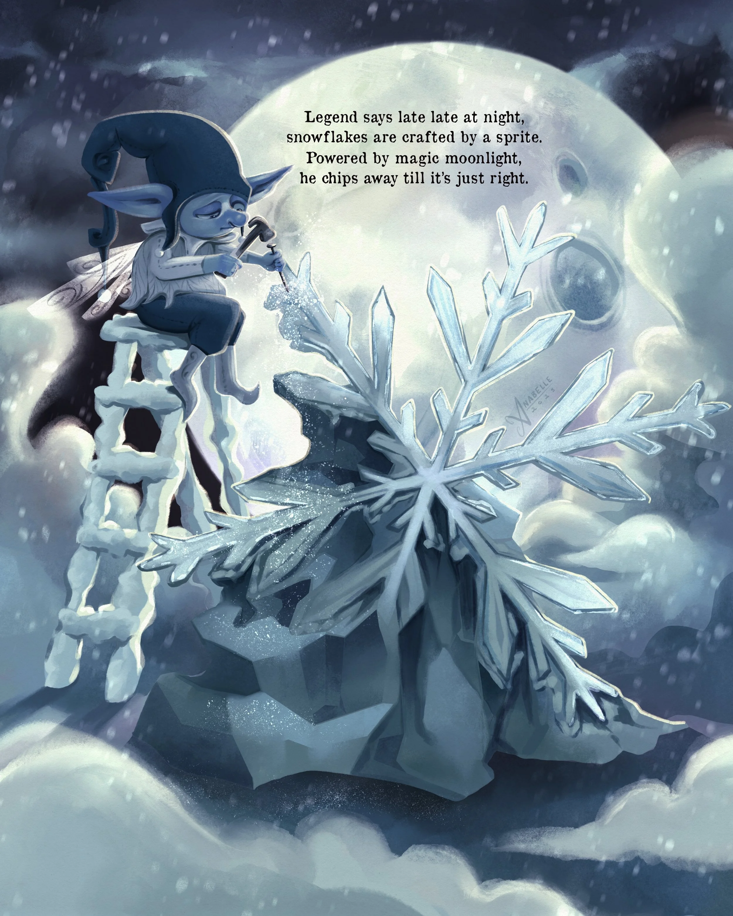 Whimsical Christmas children's book illustration of an elf-like fantasy creature carving a snowflake in the clouds next to a massive full moon.
