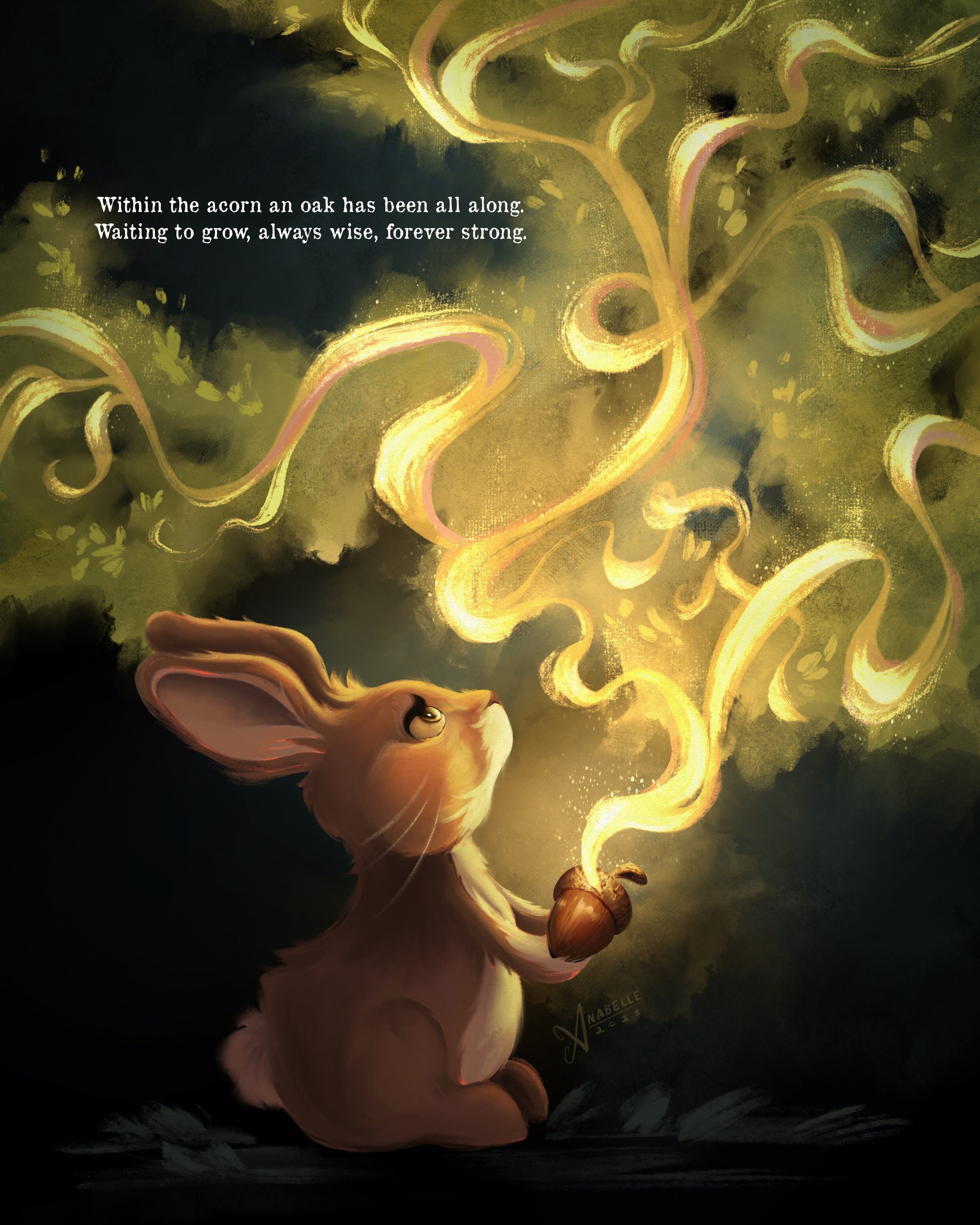 Magical children's picture book illustration of a bunny staring in awe at a glowing light in the shape of an oak tree emanating from an acorn.
