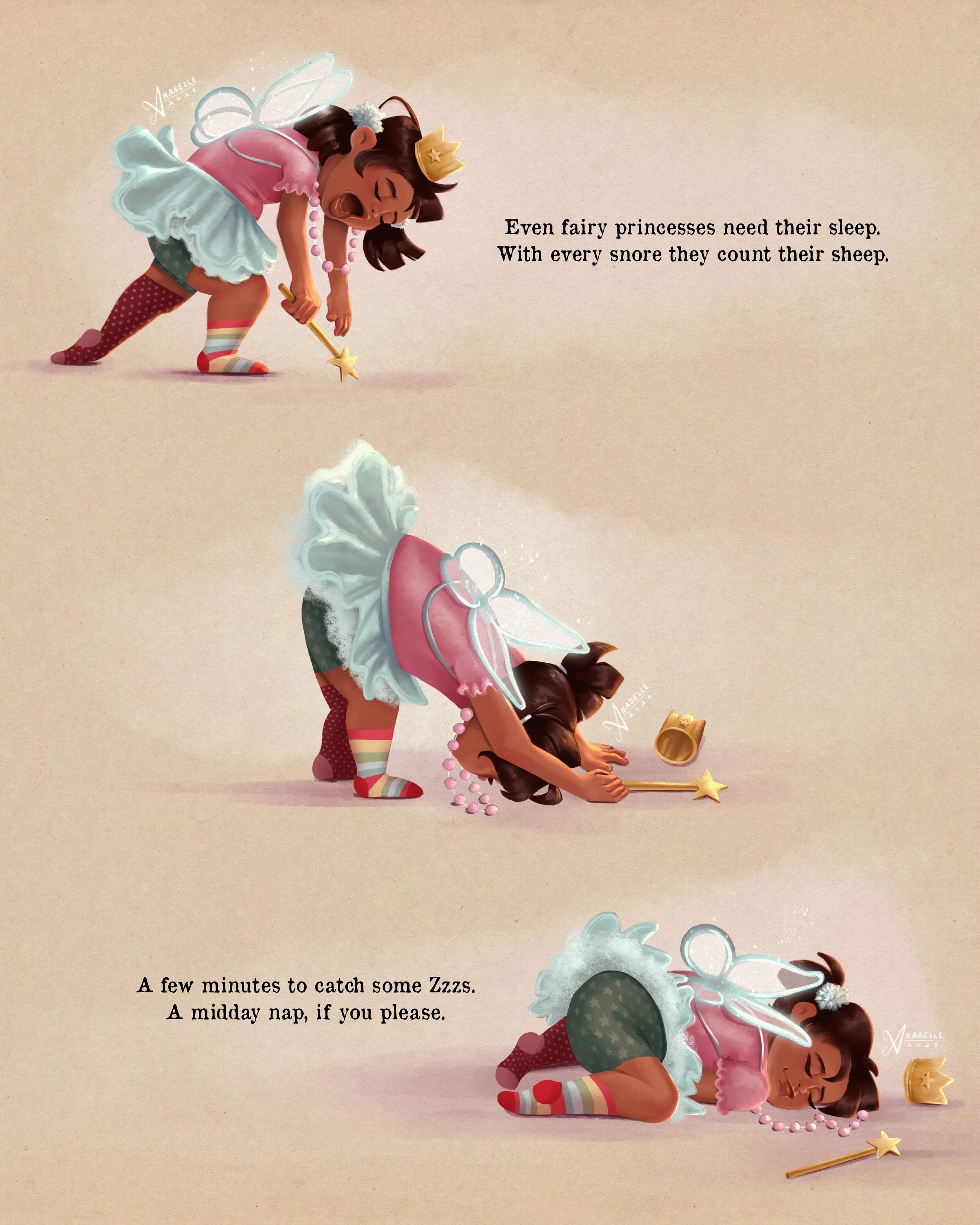 Sequential children's book spot illustration of a tired toddler girl dressed as a fairy princess falling asleep.