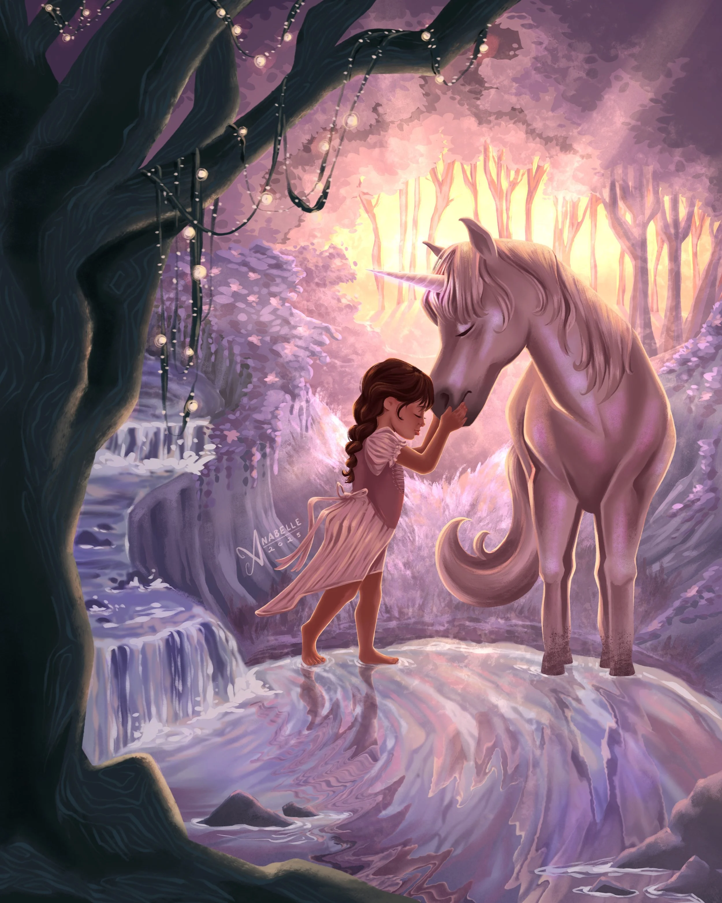 Magical fantasy children's book illustration of a connection between a young girl and a unicorn. Surrounded by a pink enchanted forest, the two characters put their heads together as the sun peeks through the trees.