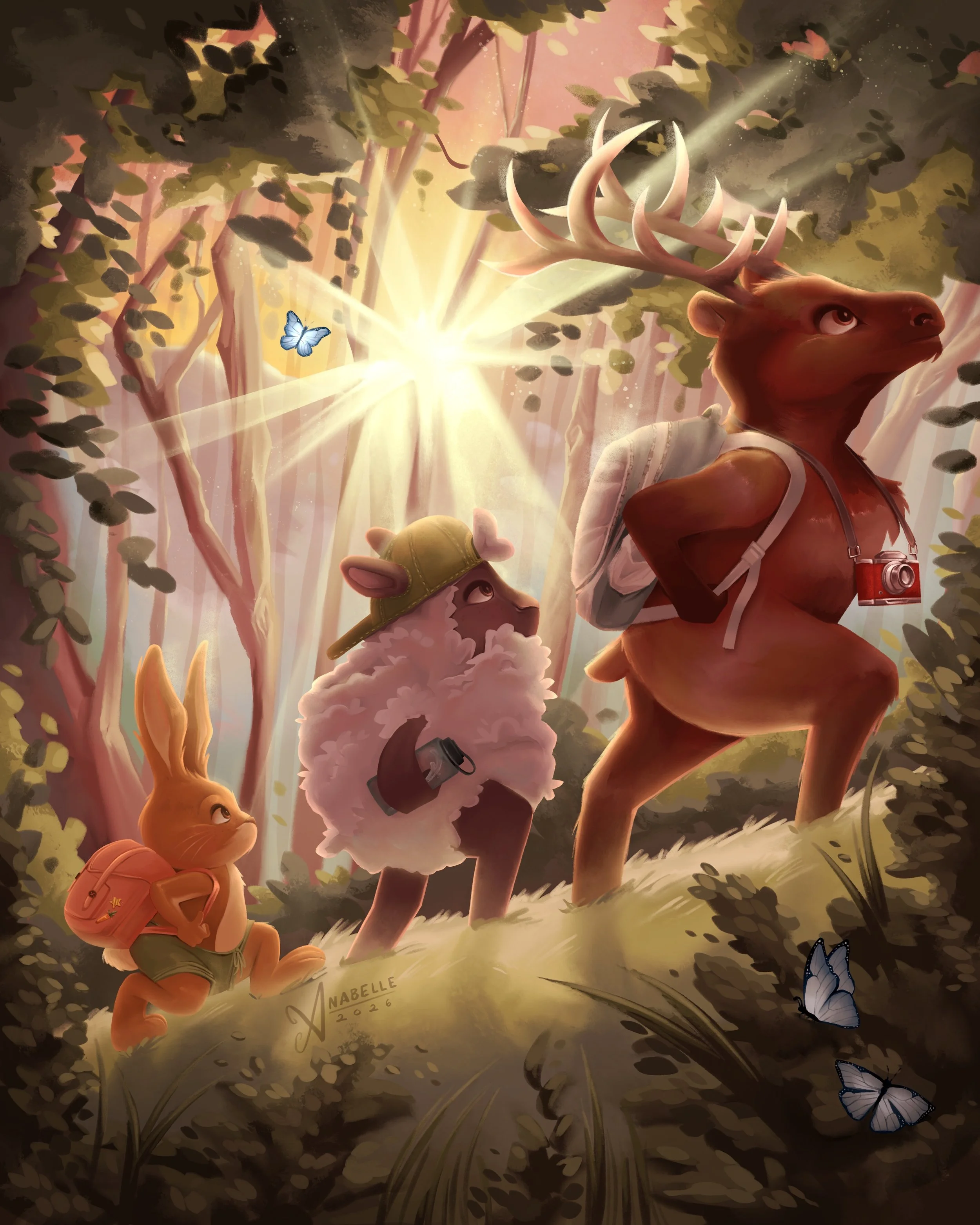 Whimsical children's book illustration of a group of friends hiking as the sunlight peeks through the trees. Leading is an elk, followed by a sheep and a bunny.