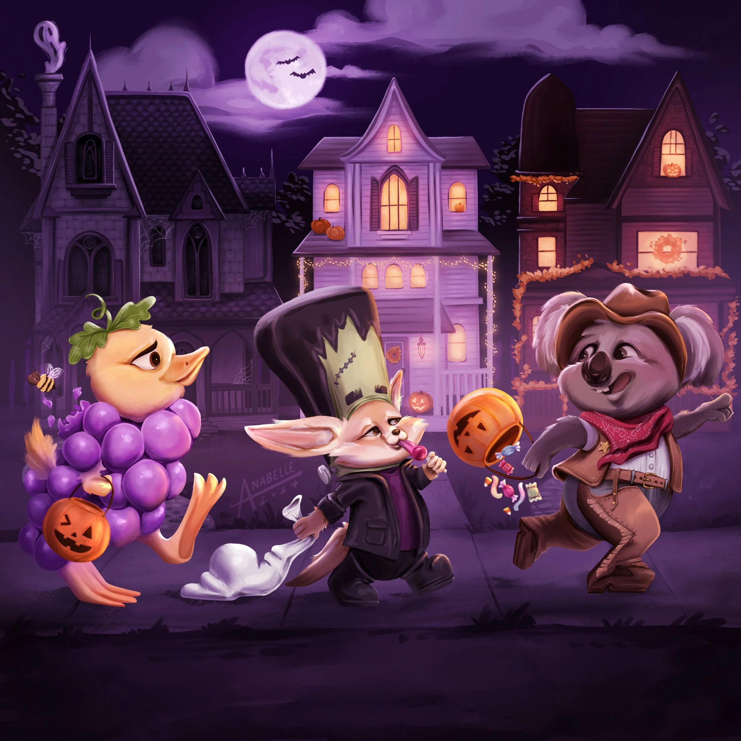 Halloween children's book illustration of three friends trick-or-treating. Whimsical, colorful scene of a koala dressed as a cowboy, a fennec fox dressed as Frankenstein, and a duck dressed as grapes.