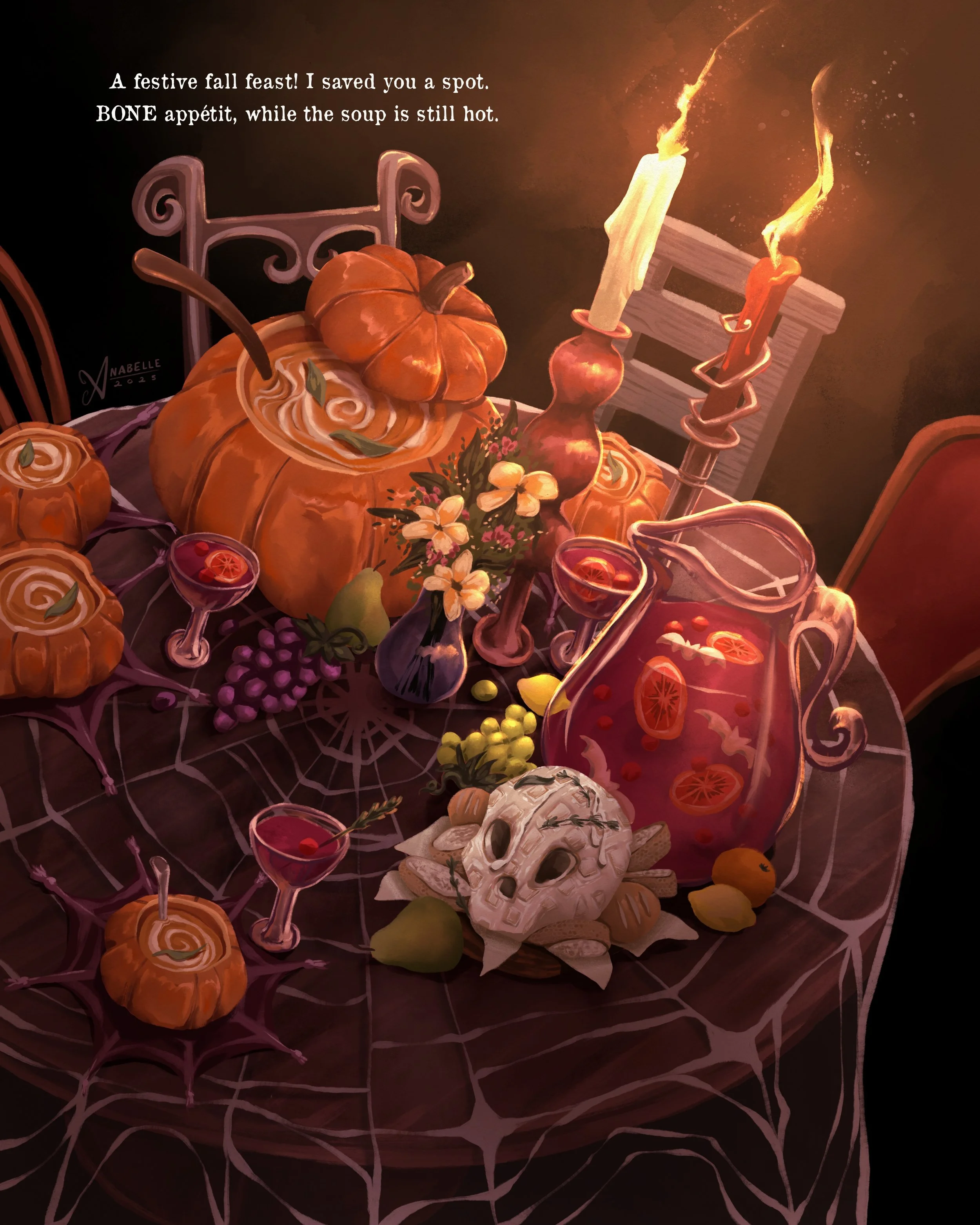 Halloween picture book illustration of a festive fall feast.