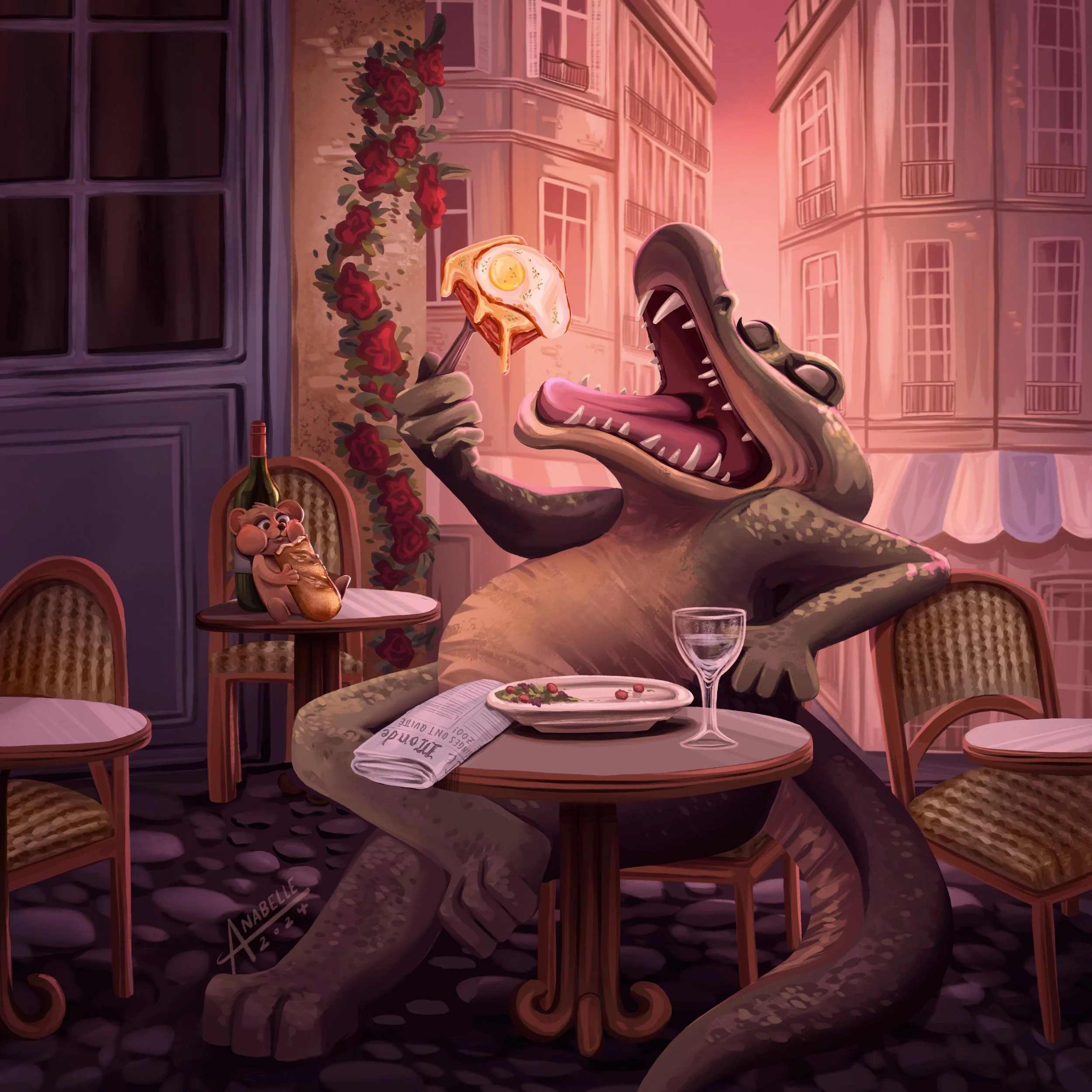 Vivid children's book illustration of a crocodile enjoying a croque madame for lunch at a whimsical cafe in Paris, France.