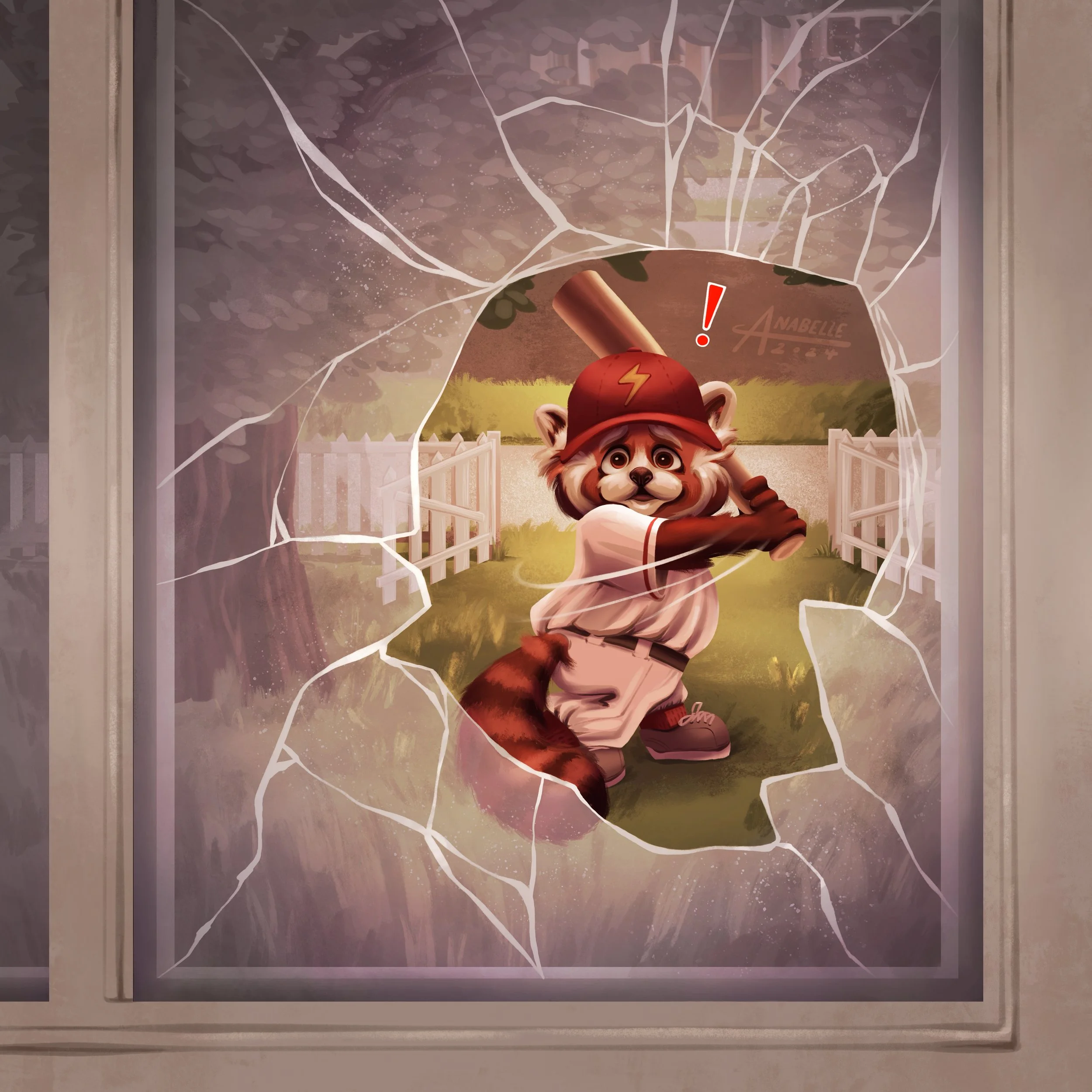 Storytelling children's book illustration of a red panda in shock after breaking a window from playing baseball.