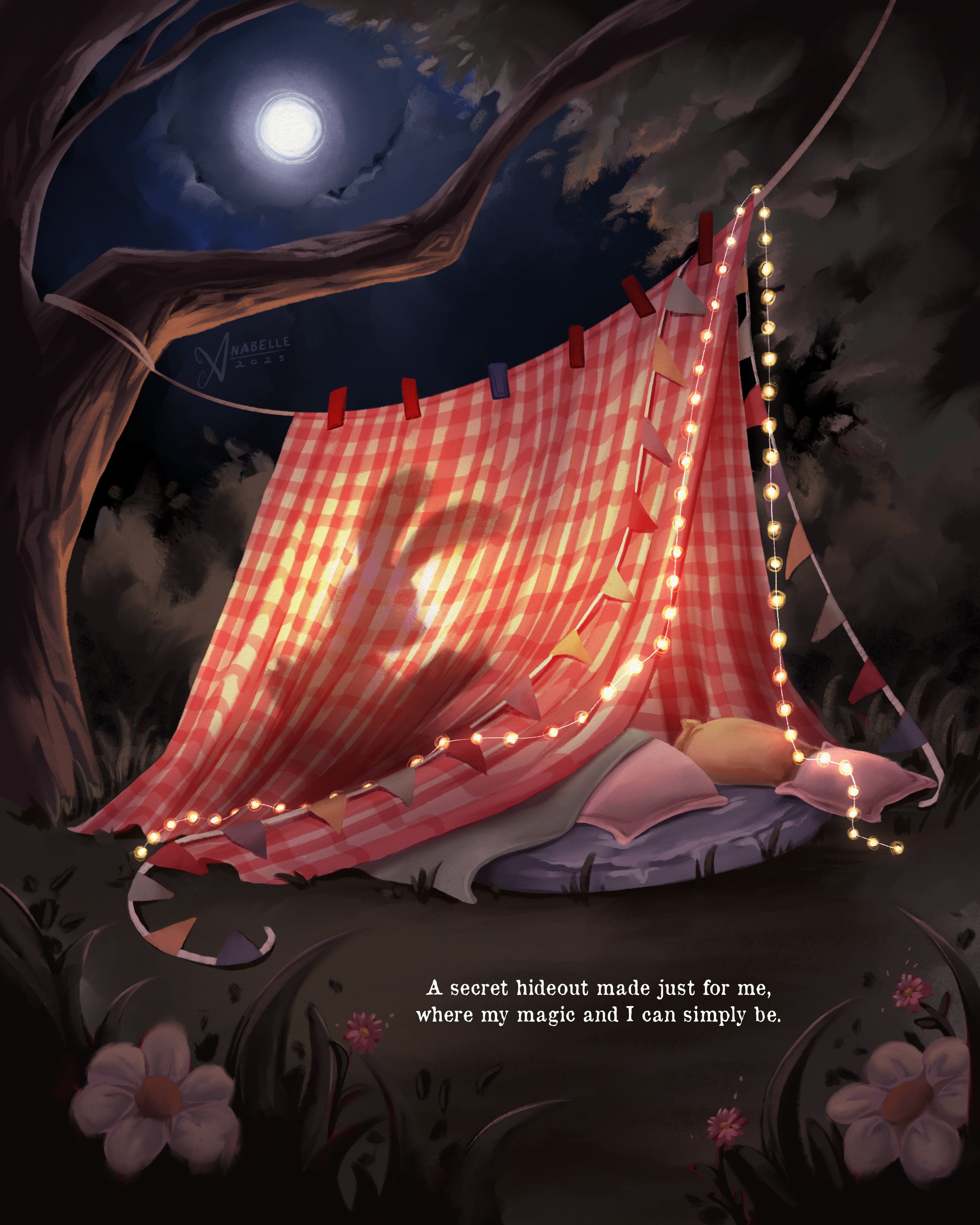 Whimsical children's book illustration of a glowing tent fashioned out of a vintage checkered tablecloth, a clothesline, fairy lights, and pillows. Through the sheet is a silhouette of a bunny character reading.