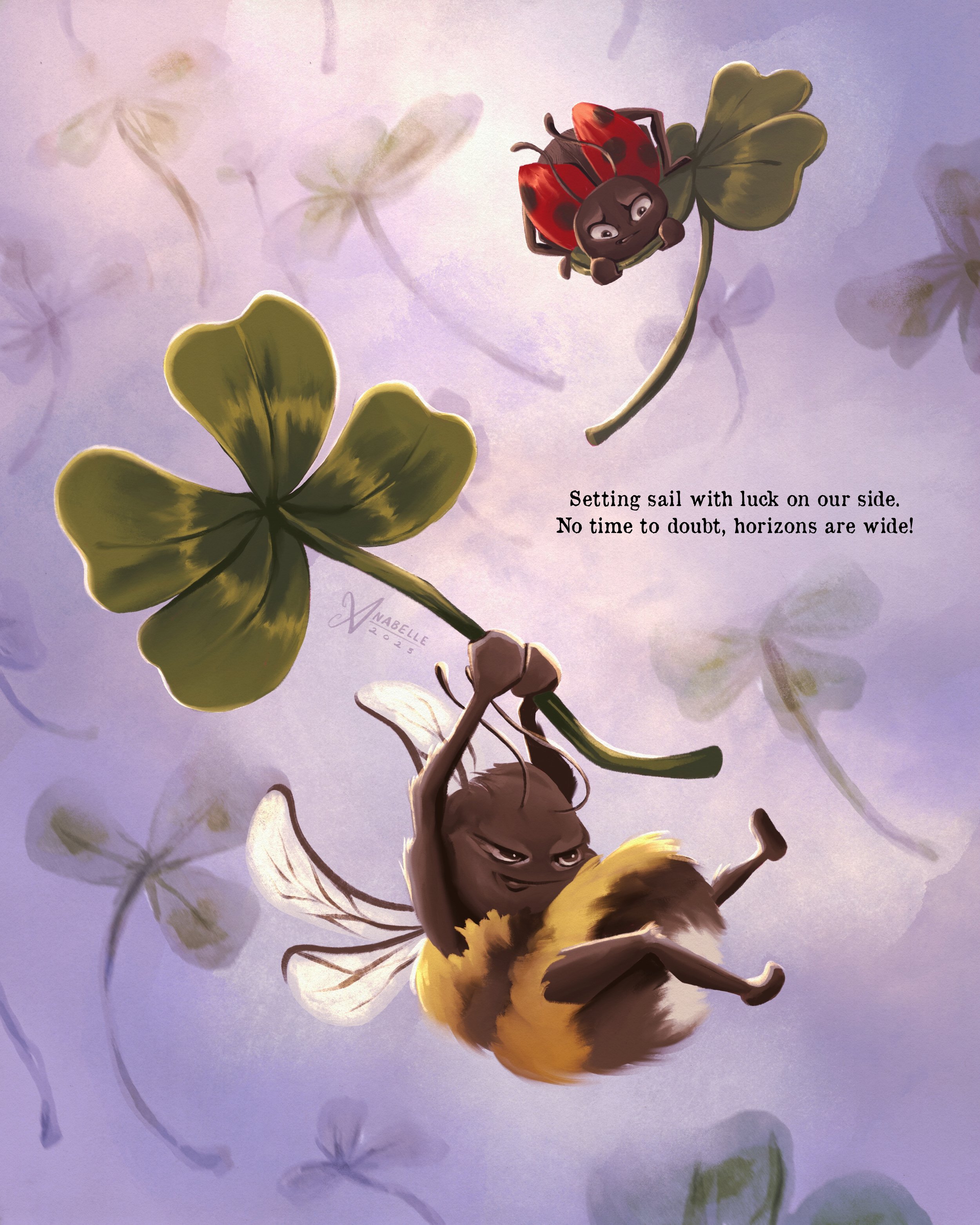 Children's picture book illustration of a bee and a ladybug flying in the sky on four-leaf clovers.