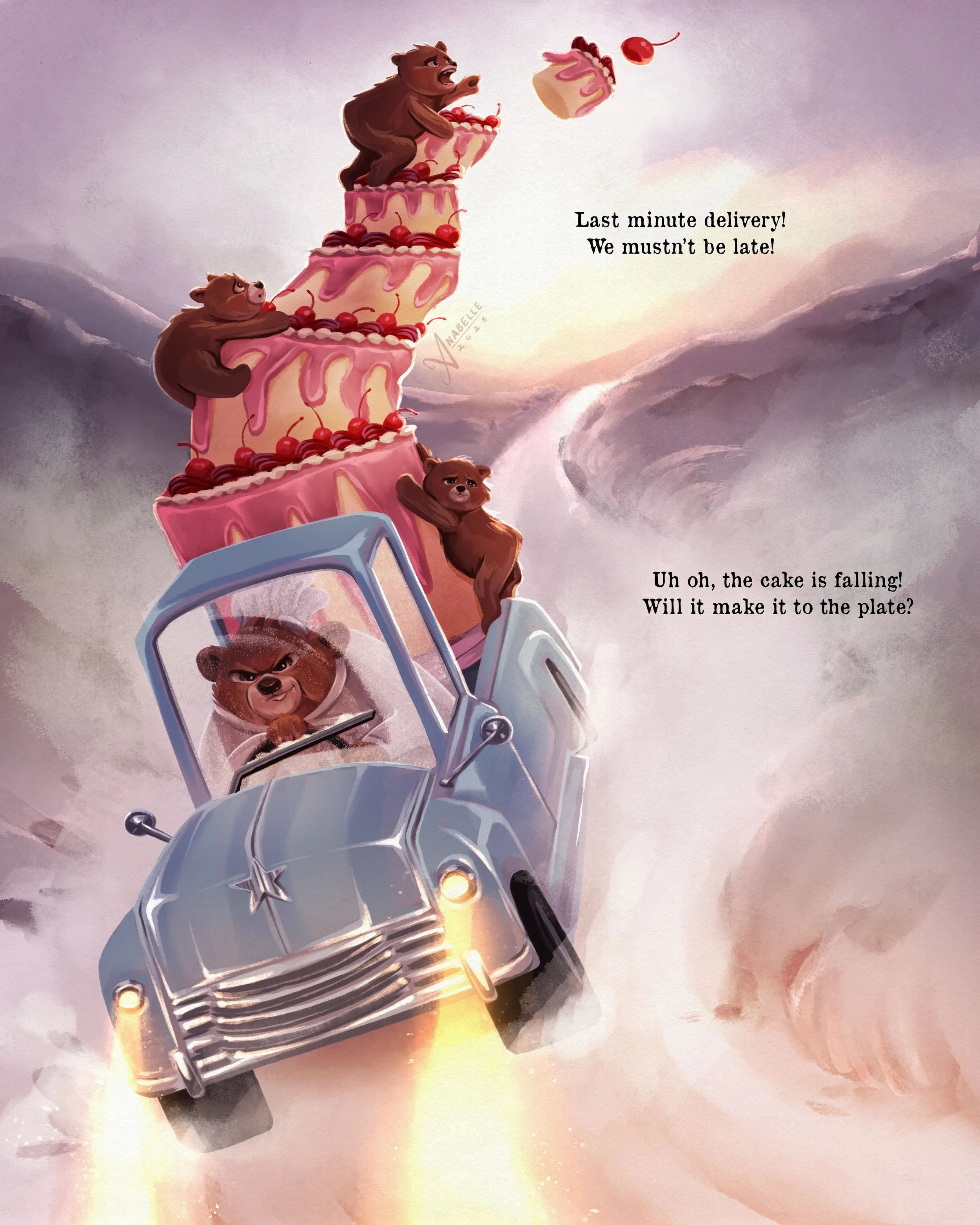 Children's book illustration of a mama bear and her cubs rushing to make a last-minute cake delivery. Mama bear is driving a vintage blue truck fast while the baby bears try to keep the massive cake from falling over.