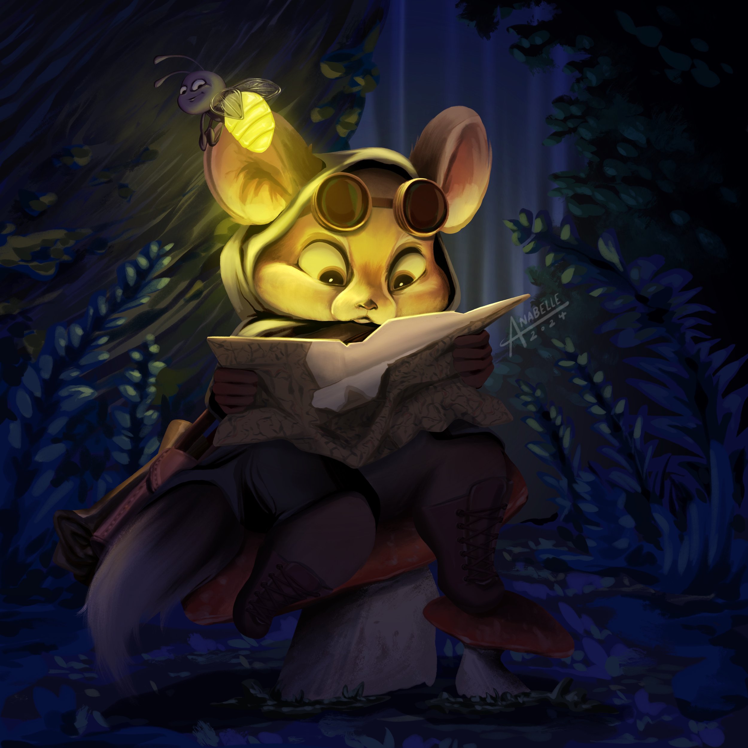 Vibrant children's book illustration of a chinchilla reading a map on an adventure in the forest. Her firefly friend lights the map for her.