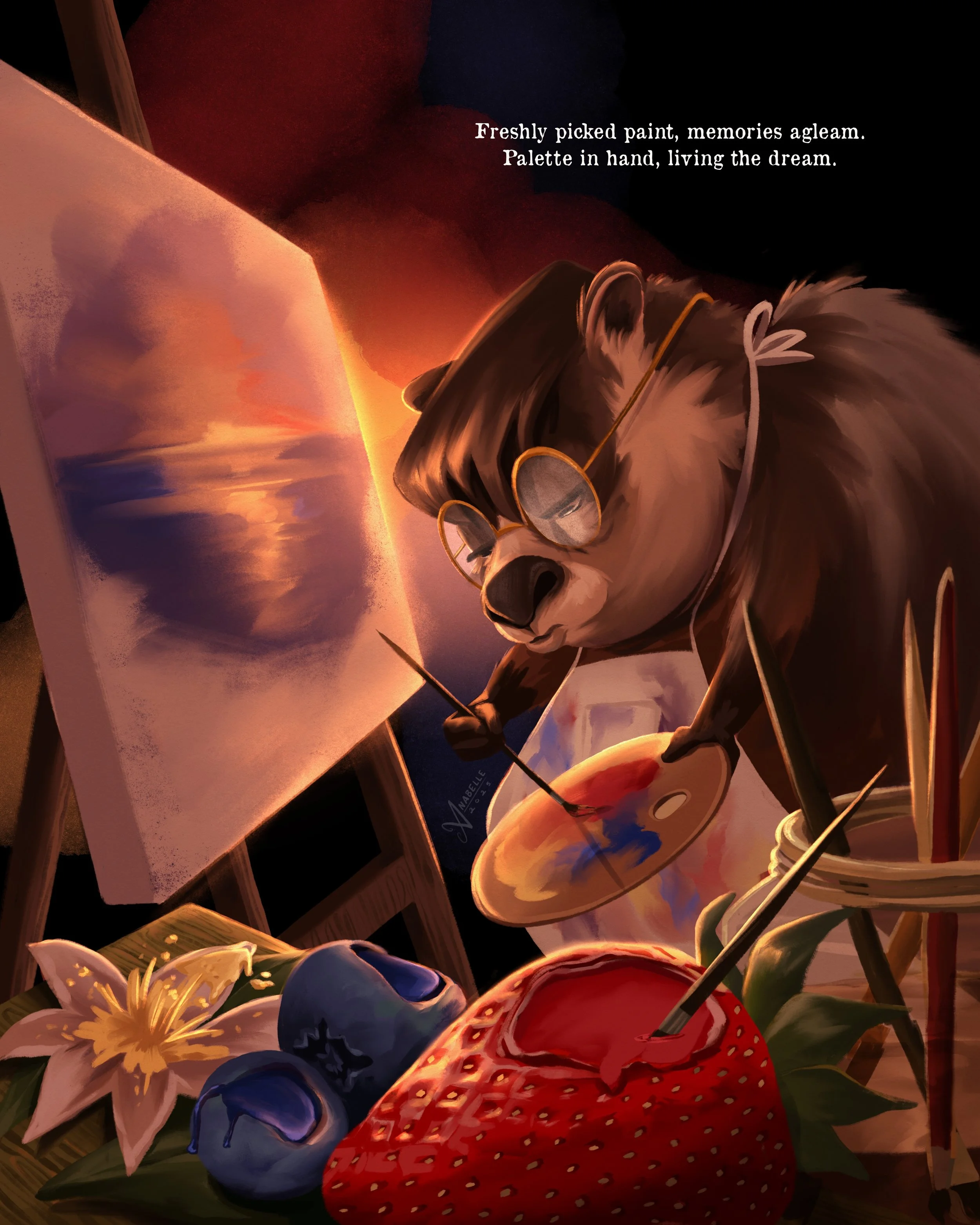 Colorful children's book illustration of a groundhog artist working on a canvas painting. His paints are made out of a strawberry, a blueberry, and flower pollen.