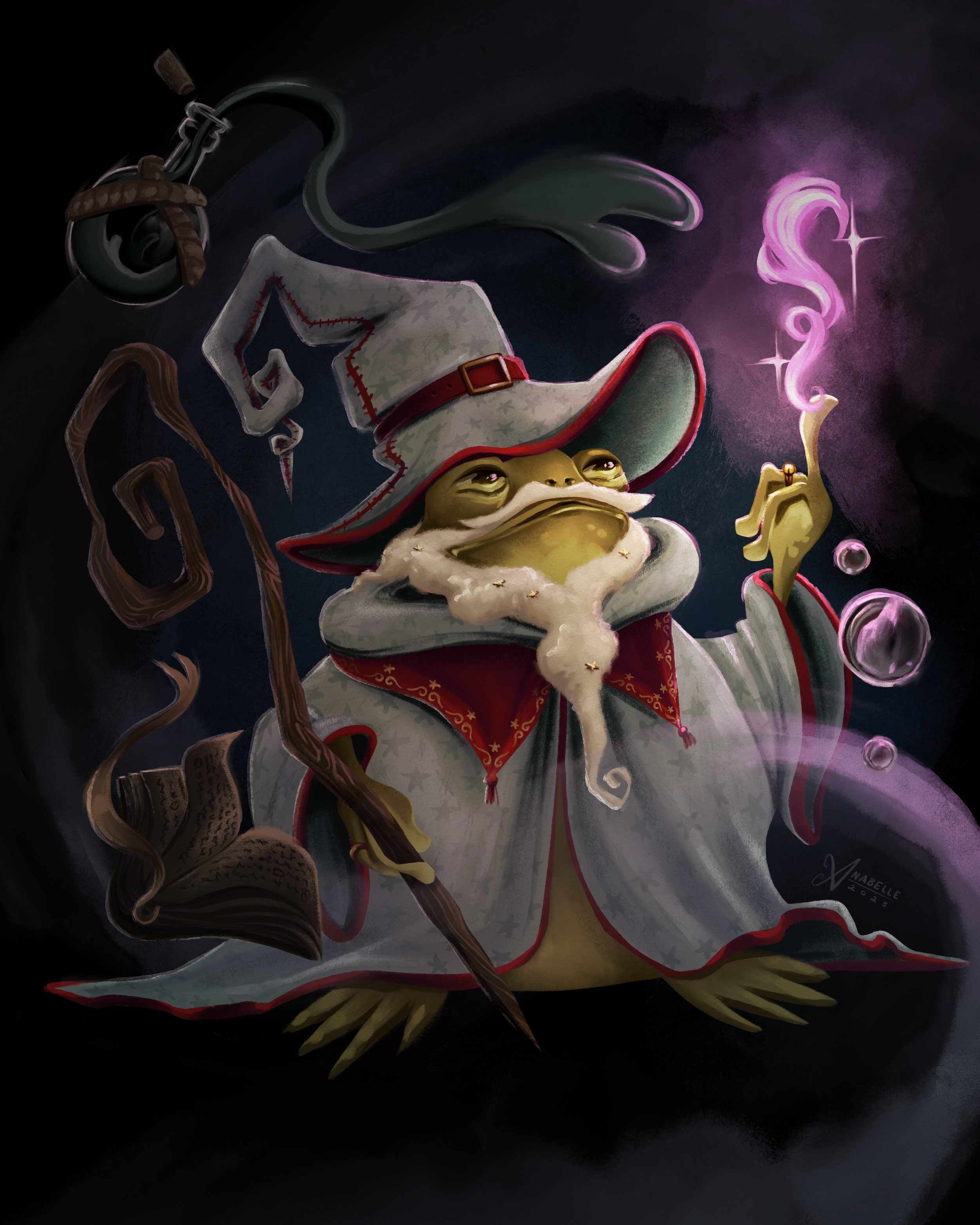 Fantasy children's book illustration of a wizard toad doing magic and casting spells.