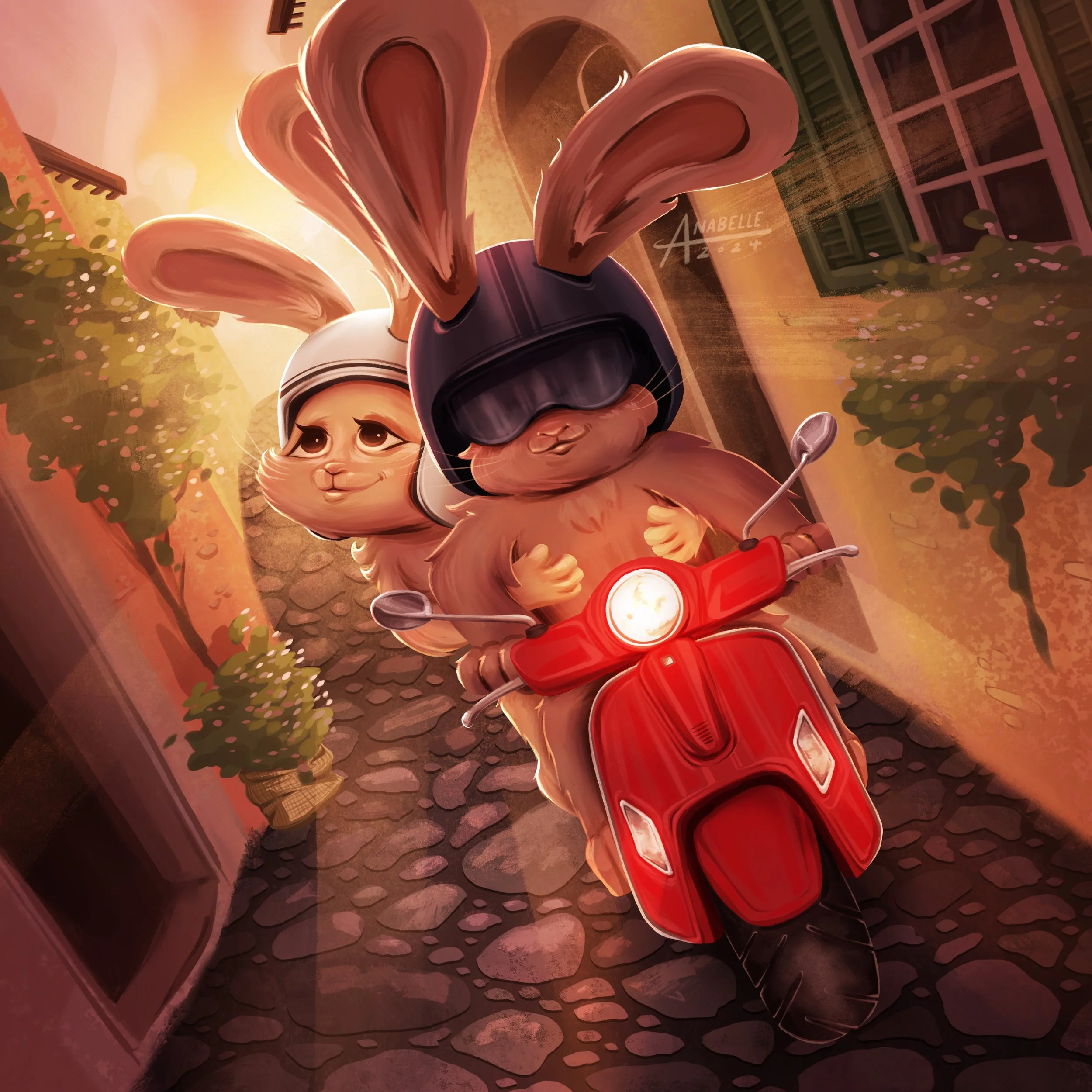 Whimsical children's book illustration of two rabbits driving on a moped in Italy. 