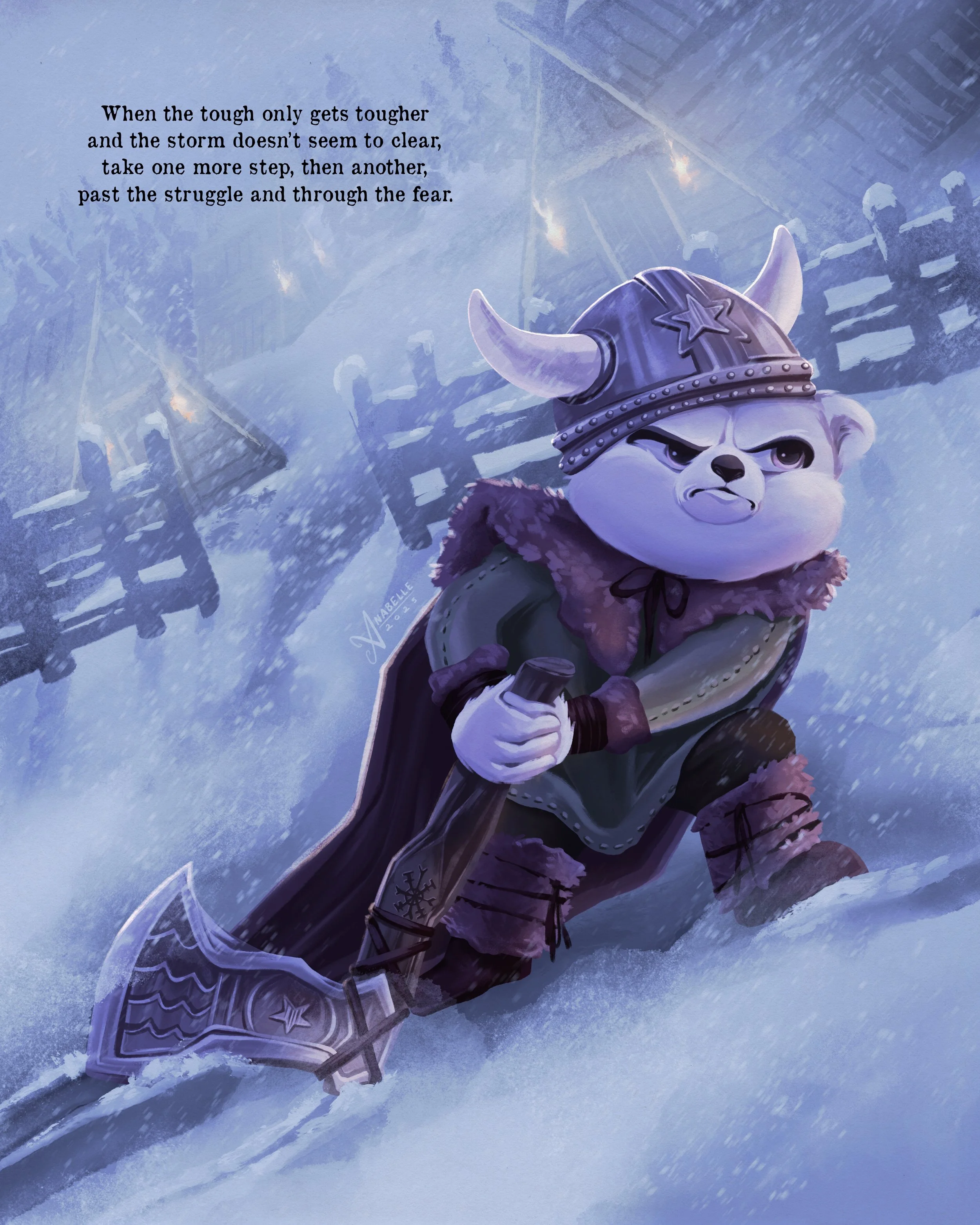 Children's picture book illustration of a Viking polar bear cub struggling to drag a heavy ax during a snowstorm.