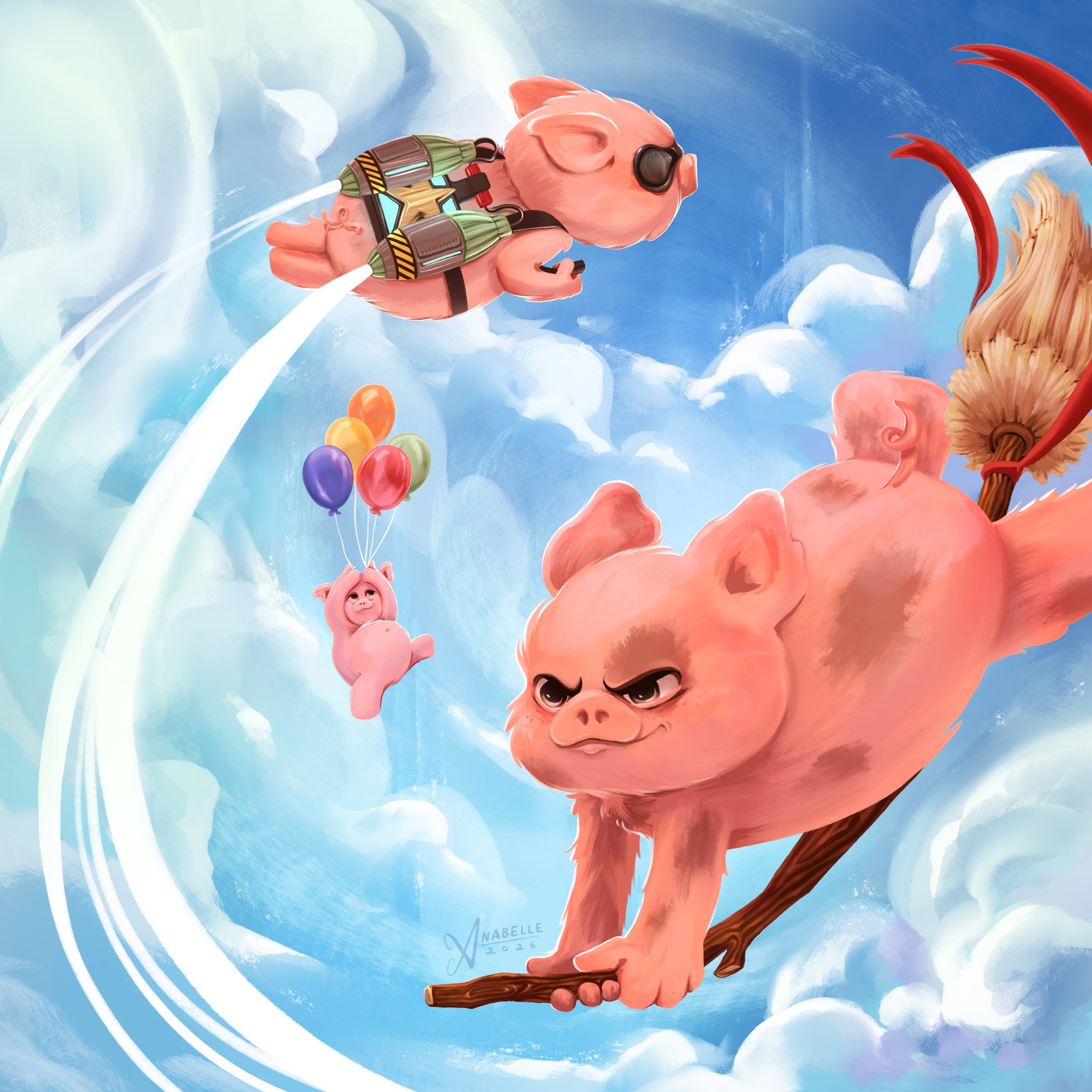 Storytelling children's book illustration of three pigs flying amongst the clouds in the sky. One pig is flying on a broom, another is using a jetpack, and the last one is holding a bunch of balloons.
