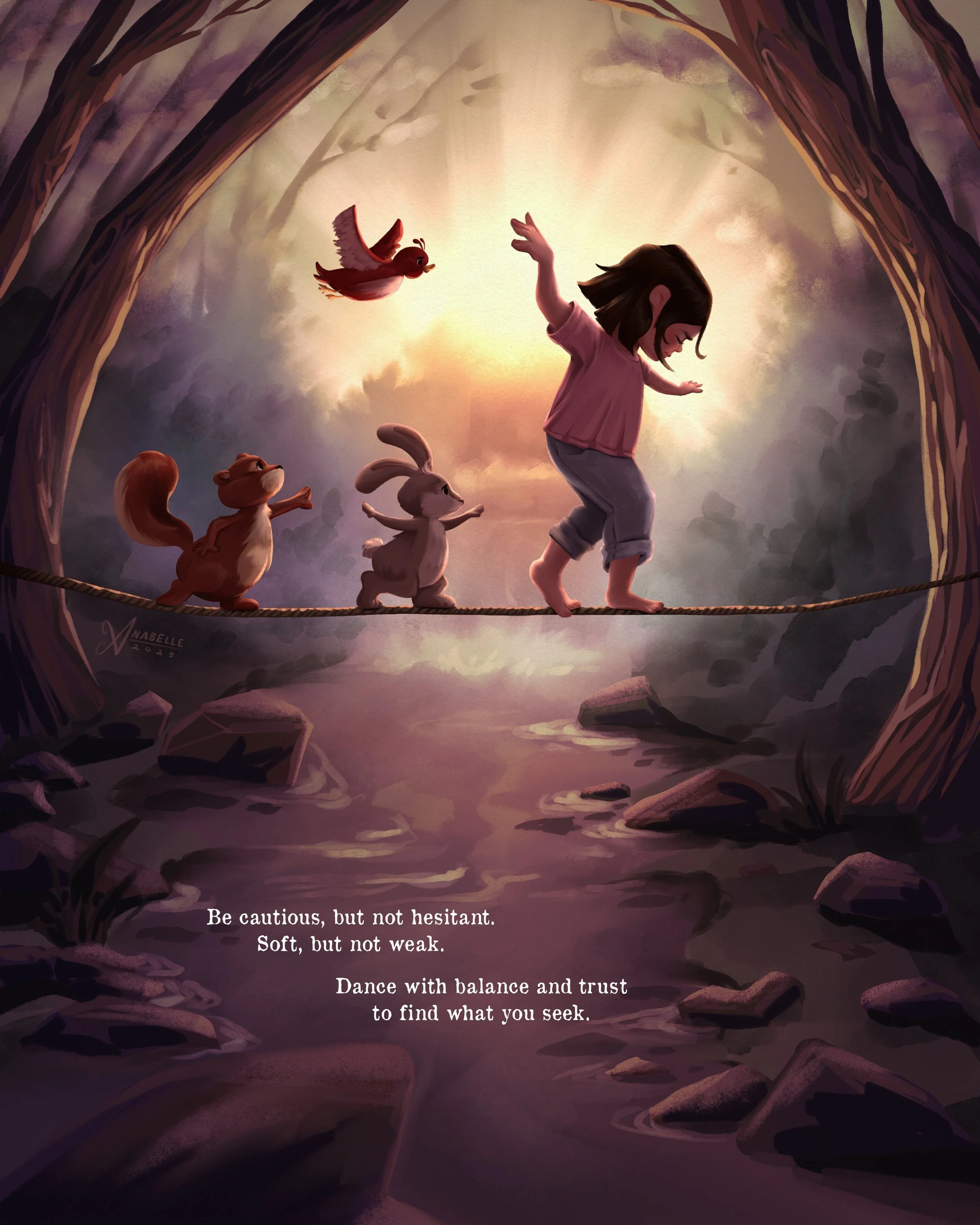 Dreamy children's book illustration of a young girl walking on a tightrope over a creek in the forest. Her animal friends follow her, including a bird, a bunny, and a squirrel.