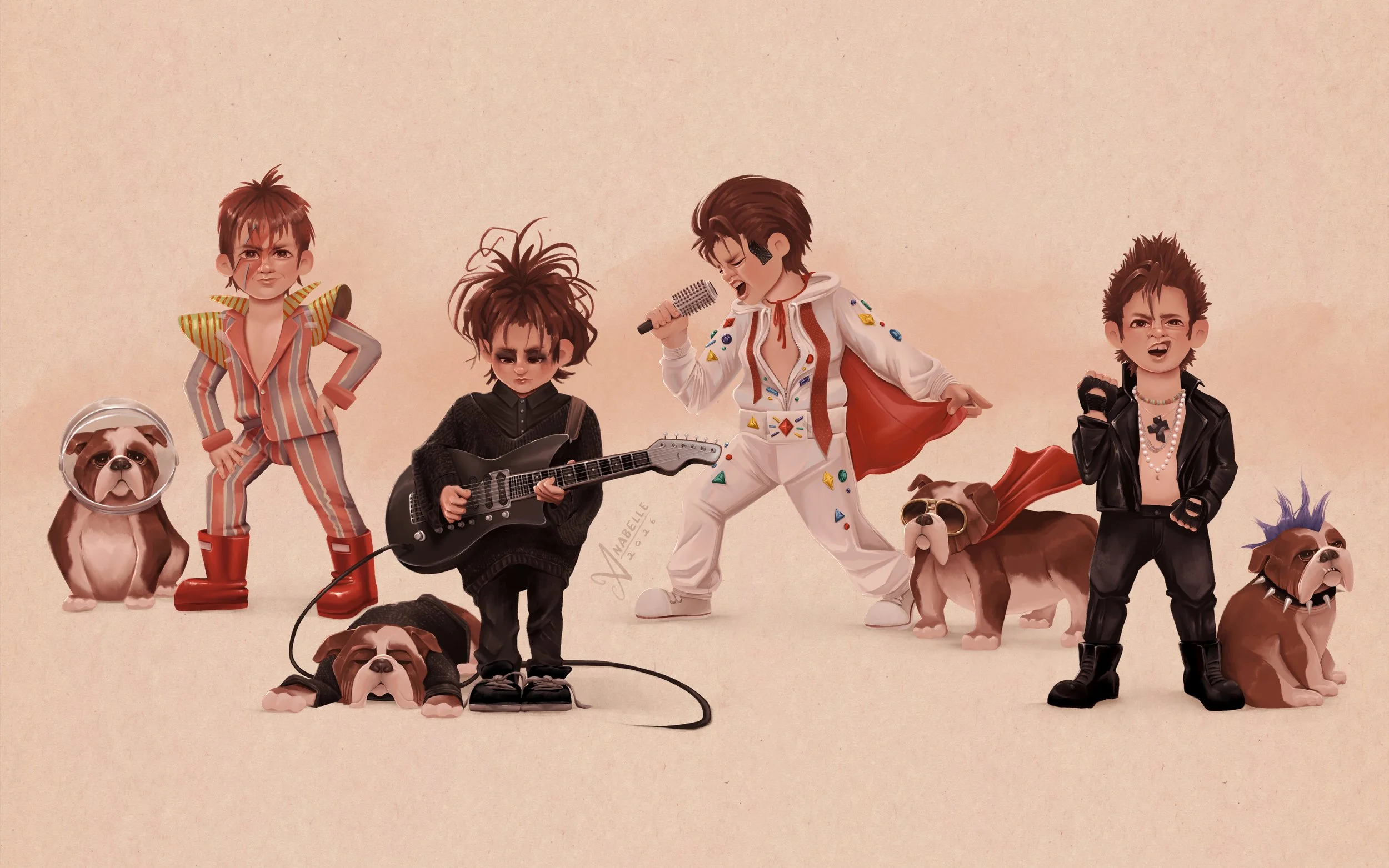 Nostalgic children's book spot illustration of a boy dressing up as his favorite 80s rock stars. He dresses up as David Bowie, Robert Smith of The Cure, Elvis, and Billy Idol. Next to him is his pet bulldog.