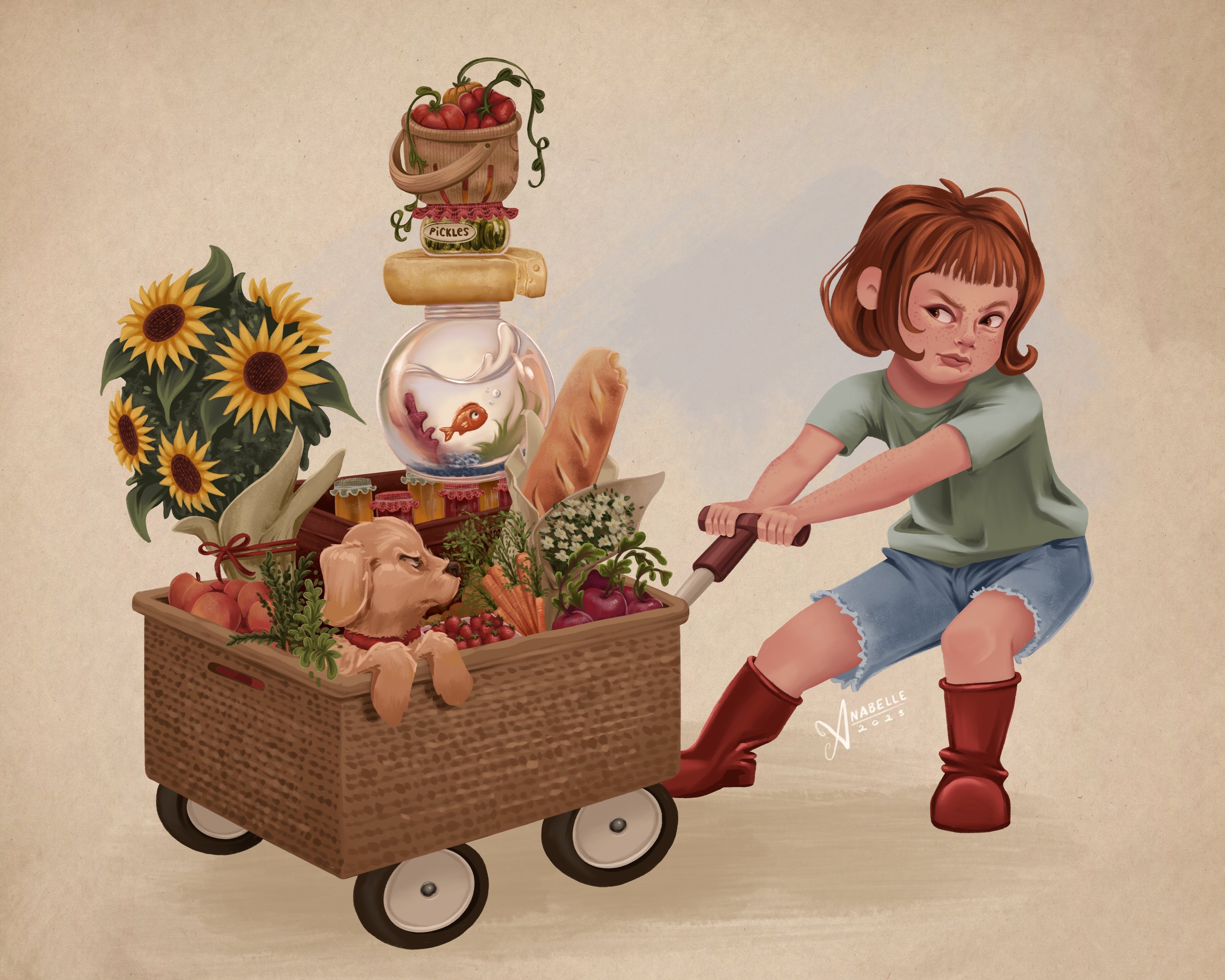 Nostalgic children's book spot illustration of a little redheaded girl struggling to bring home her wagon stuffed with food and goodies from the farmers market. Inside the wagon is also her annoyed golden retriever puppy, who wants her to go faster.