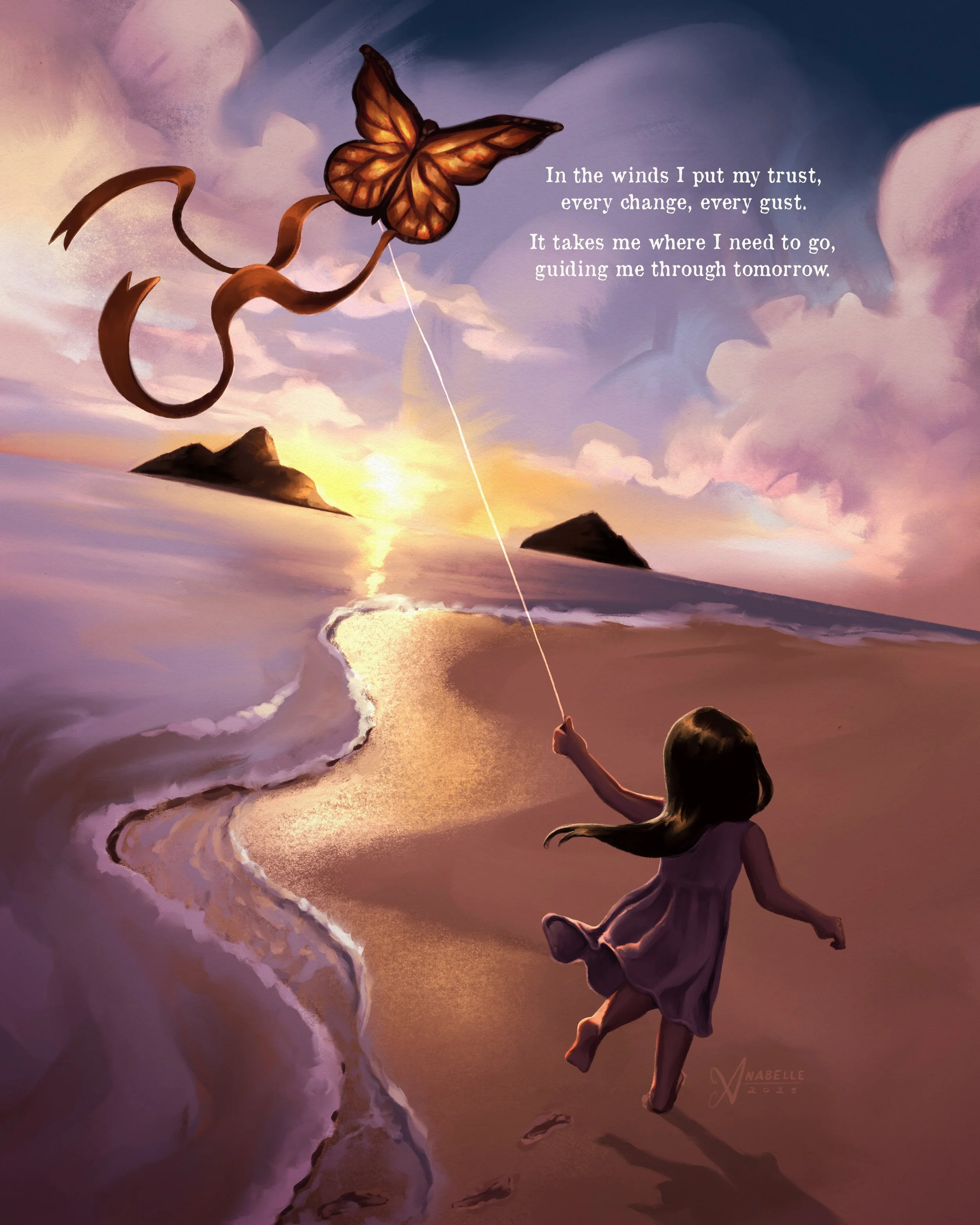 Magical children's book illustration of a young girl flying a monarch butterfly-shaped kite and running during sunset at Lanikai Beach on Oahu, Hawaii.