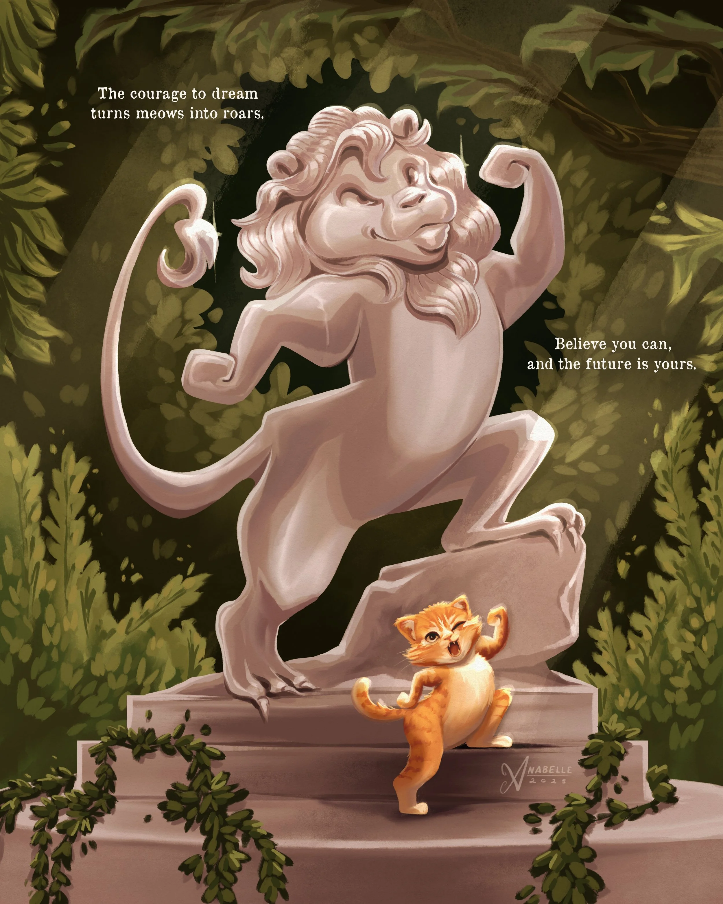 Storytelling children's book illustration of a fierce tabby cat mimicking the flexing pose of a marble statue of a strong lion.