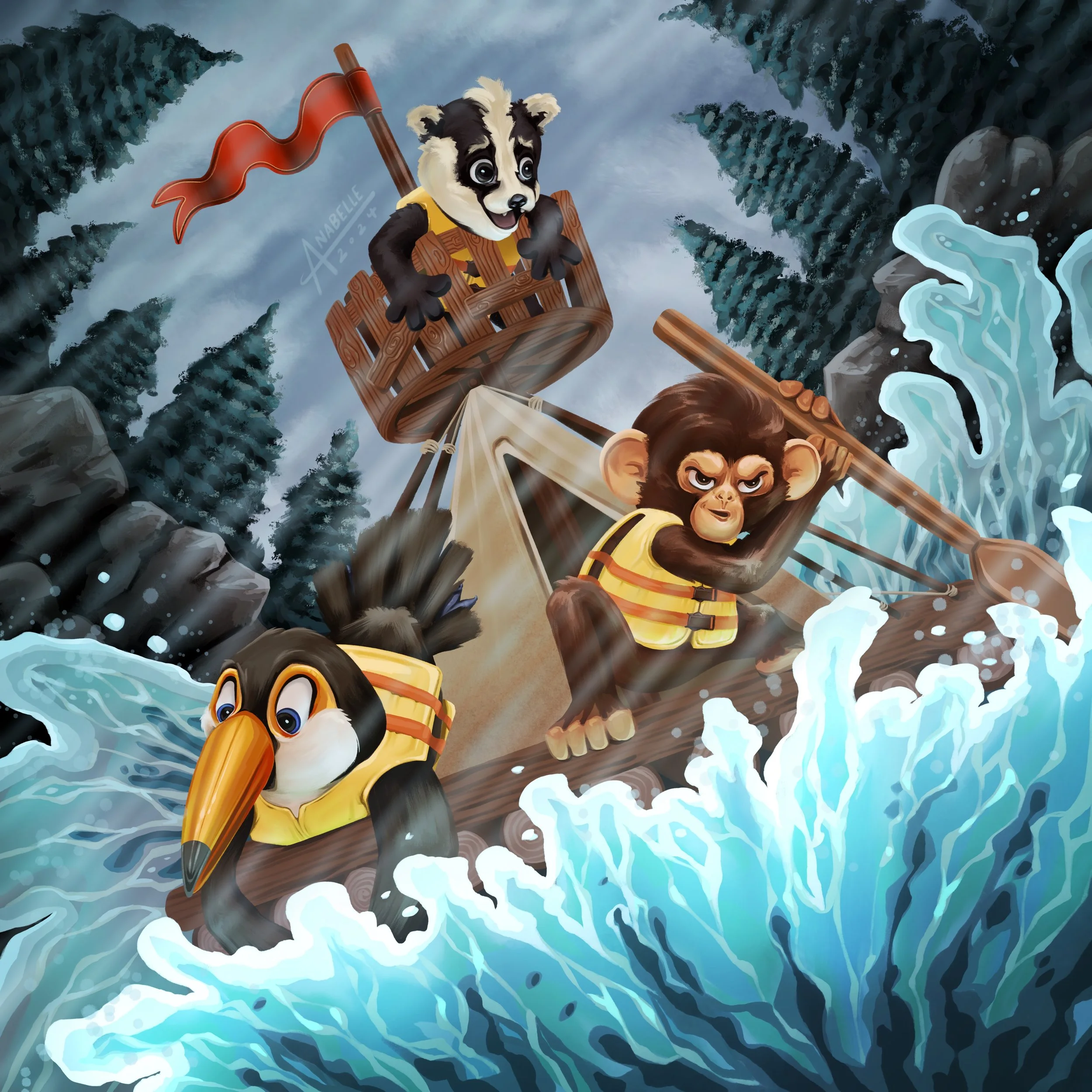 Storytelling children's book illustration of a monkey, badger, and toucan river rafting through turbulent waters. 