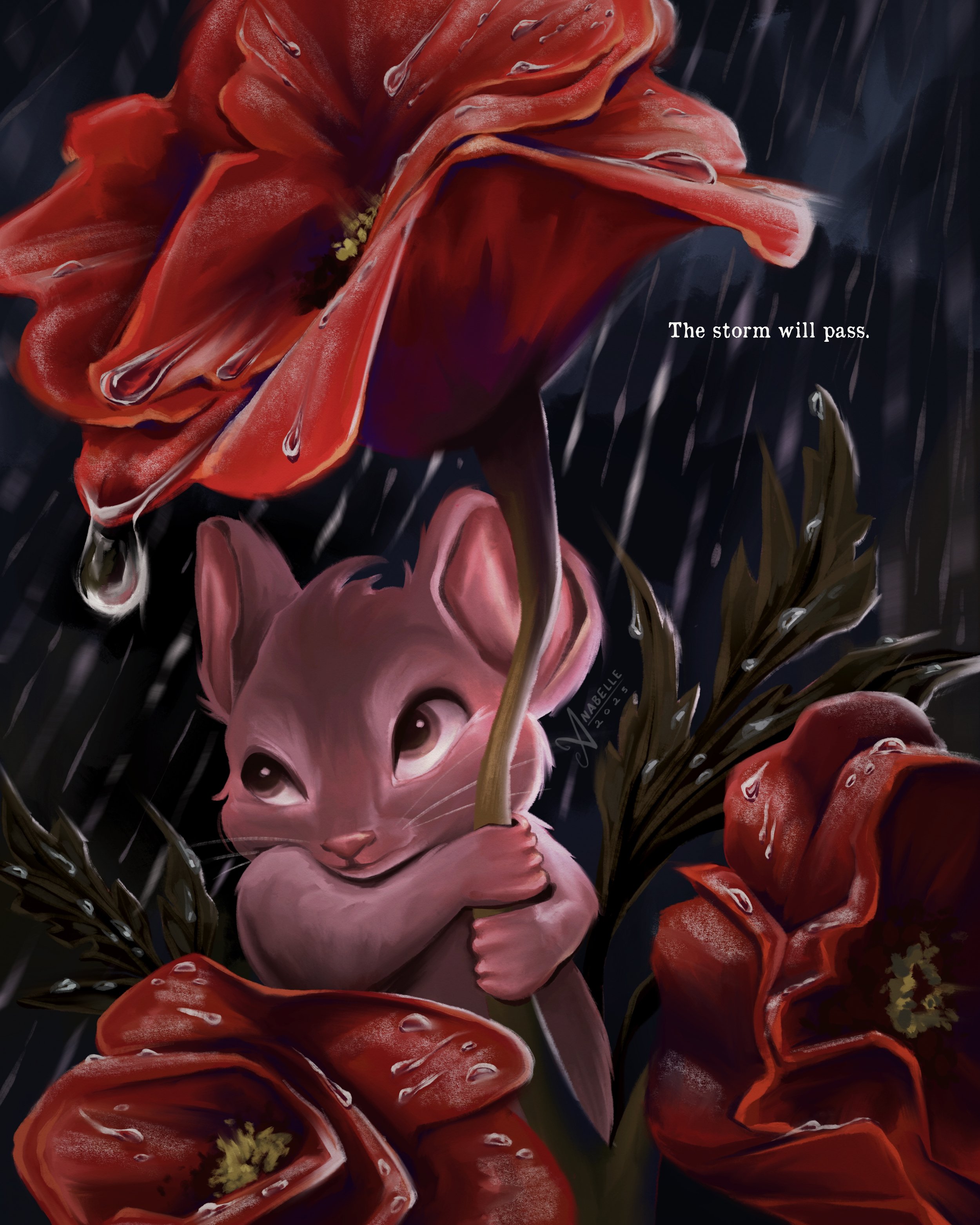 Emotional children's book illustration of a sweet mouse character using a large poppy to shelter from the rain.