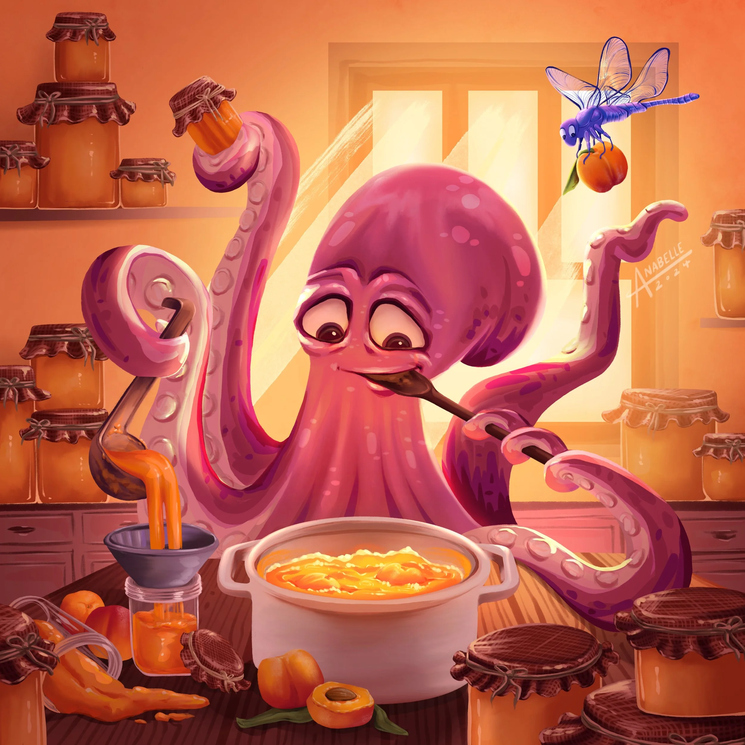 Colorful children's book illustration of an octopus character making jam in the kitchen with the help of a dragonfly friend.