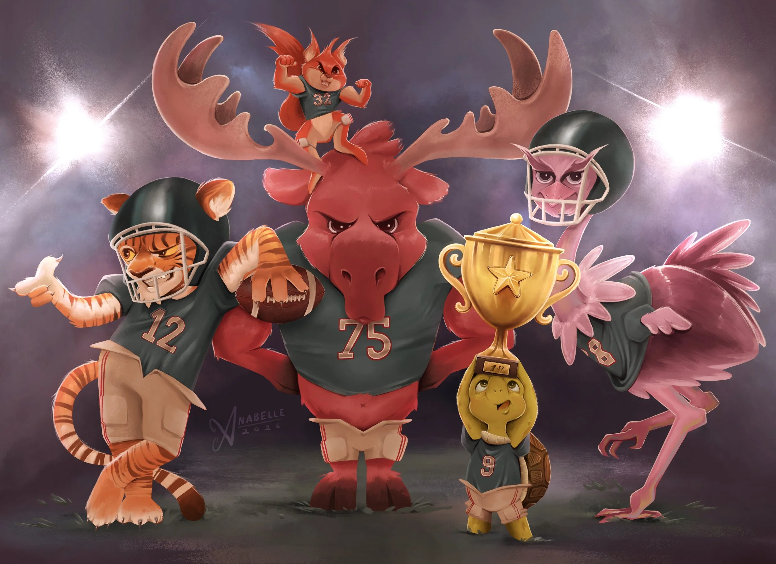 Picture book illustration of a football team after winning a game. In the character lineup are a tiger quarterback, a squirrel running back, a moose offensive lineman, an ostrich receiver, and a turtle kicker holding the trophy.
