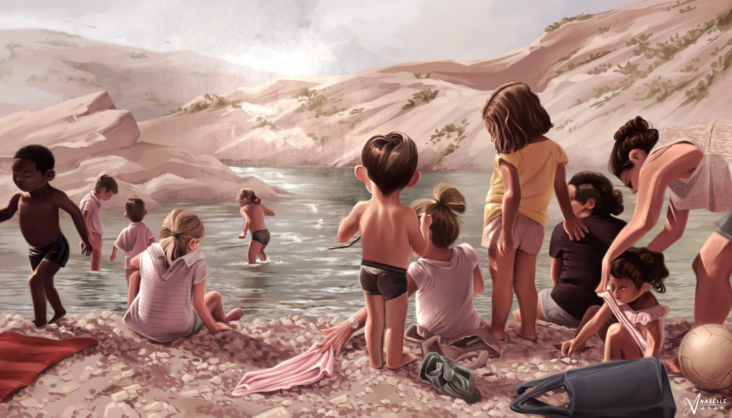 Digital painting of children and their families at the beach in Frioul, France.