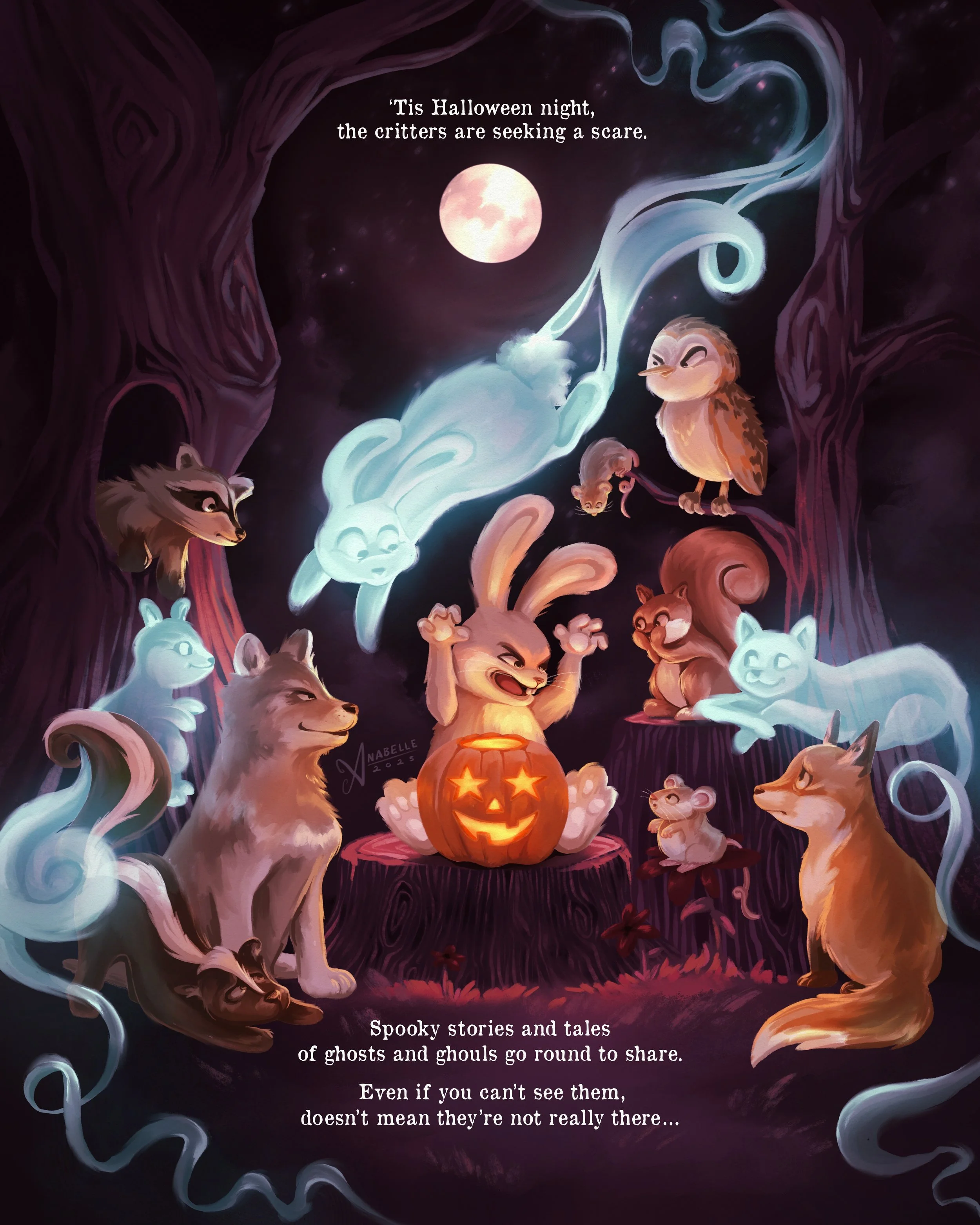 Halloween children's book illustration of a group of animals in the forest telling spooky stories around a jack-o-lantern, unaware that friendly ghosts are around them.