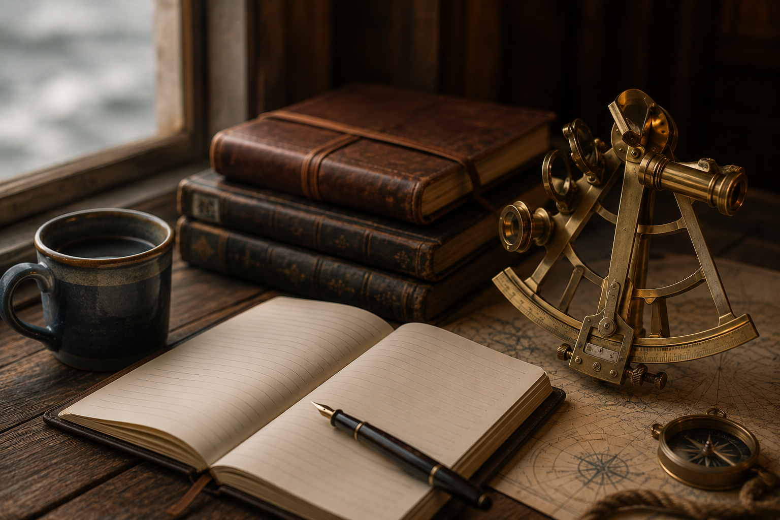 A vintage desk setup with a cup of coffee, an open notebook with a pen, a stack of old books, a brass telescope, a compass, and a map, set by a window.