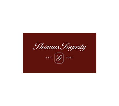 Thomas Fogarty logo with a maroon background, white cursive text, and an emblem in the center.
