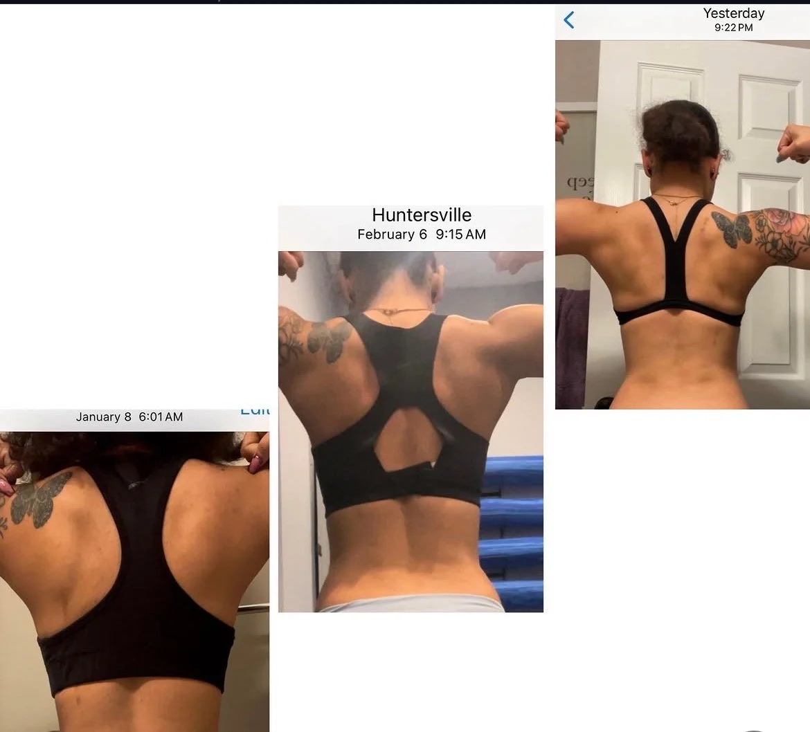 A collage of four photos showing a woman's back and shoulders in different stages of fitness progress, with date and time labels on each image. She has tattoos on her shoulders and upper arms, and is wearing a black sports bra.