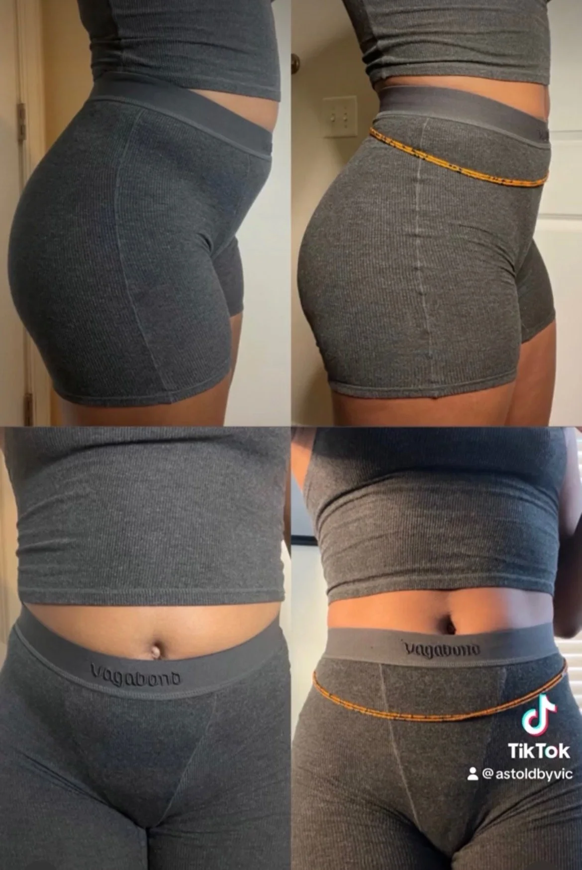 Side and front views of a person wearing gray athletic shorts and a cropped top, showing their waist, hips, and abdominal area in four different photos.