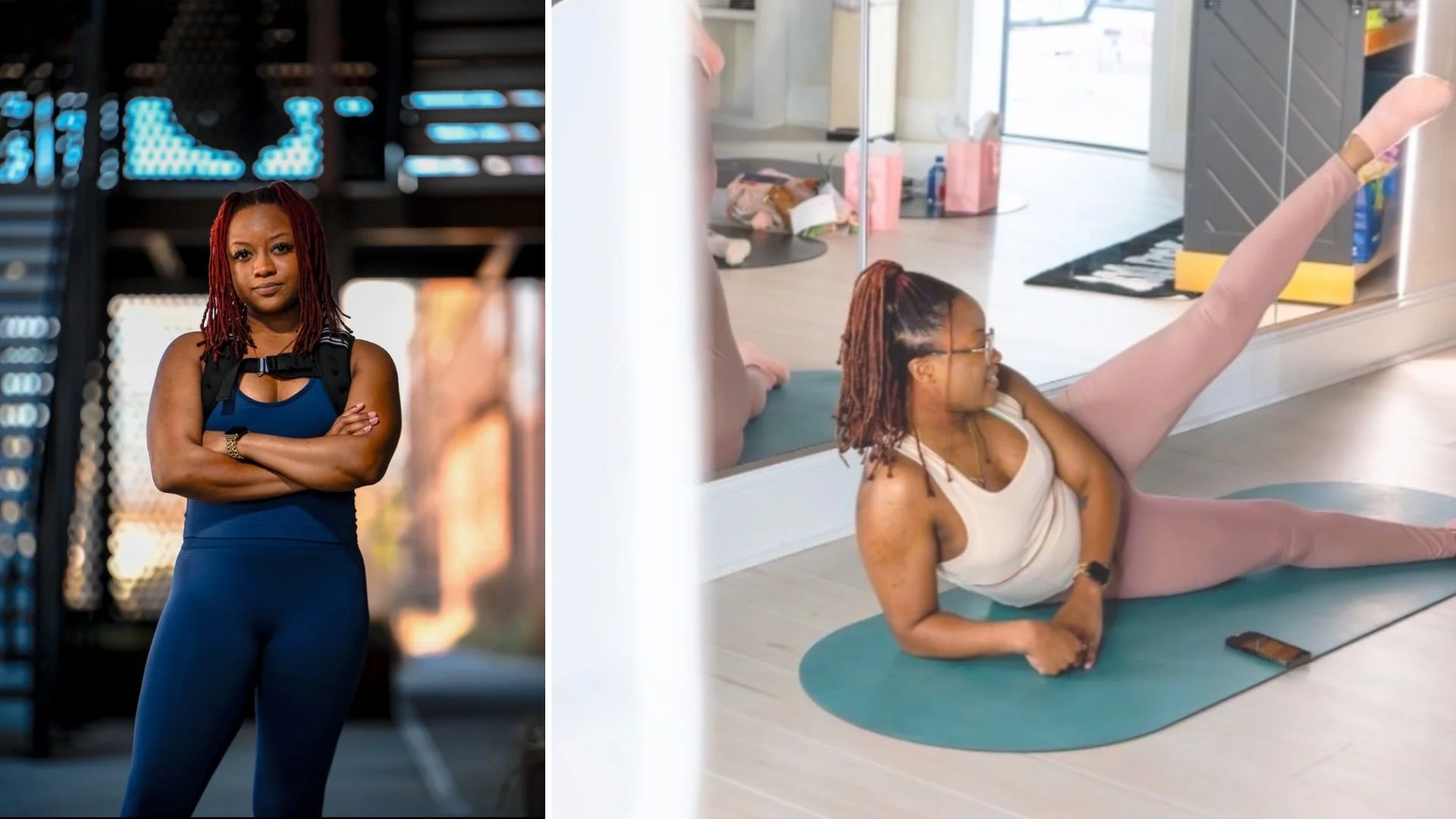 A woman posing confidently outdoors on the left side, and the same woman in a gym or fitness studio performing a side leg stretch exercise on a yoga mat on the right side.