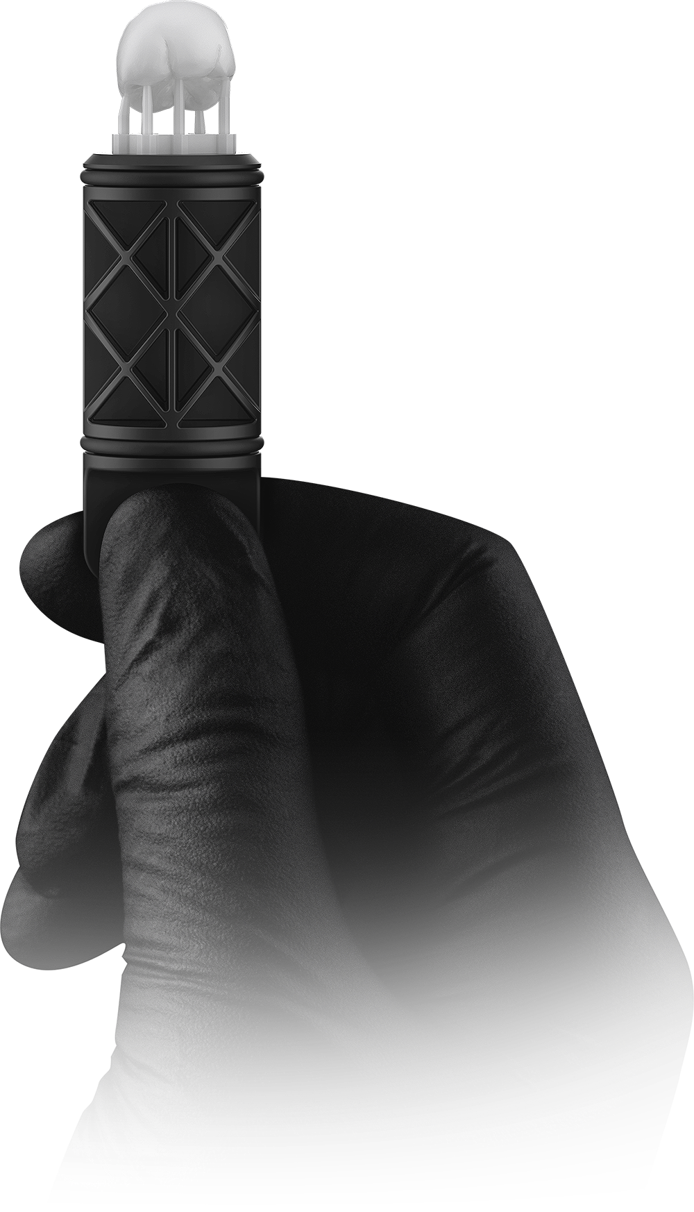 Close-up of a hand wearing a black glove holding a black and white vaporizor with a geometric design, with a clear vapor cloud at the top.